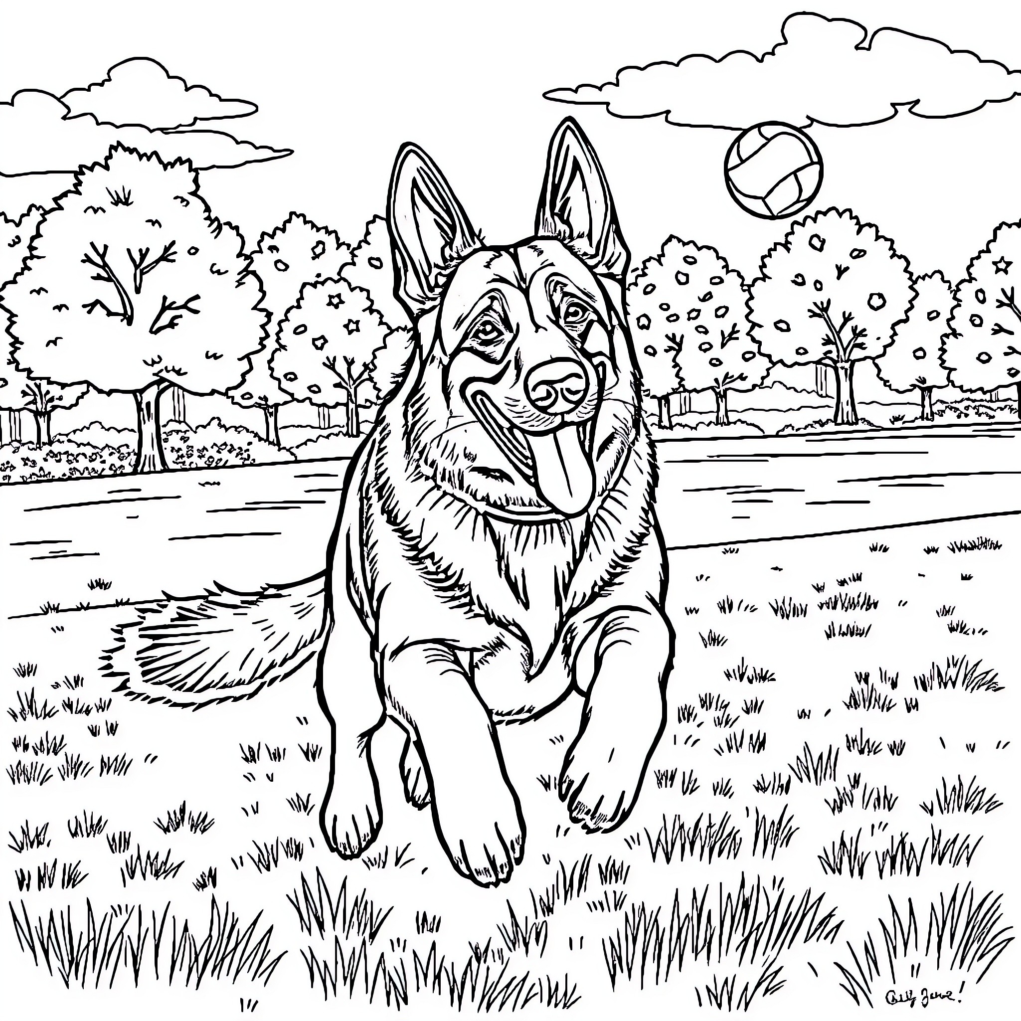German Shepherd playing joyfully in the park Coloring Page (free black-and-white line drawing printable PDF for all, from beginners to advanced learners, including children, teens, adults, and seniors)