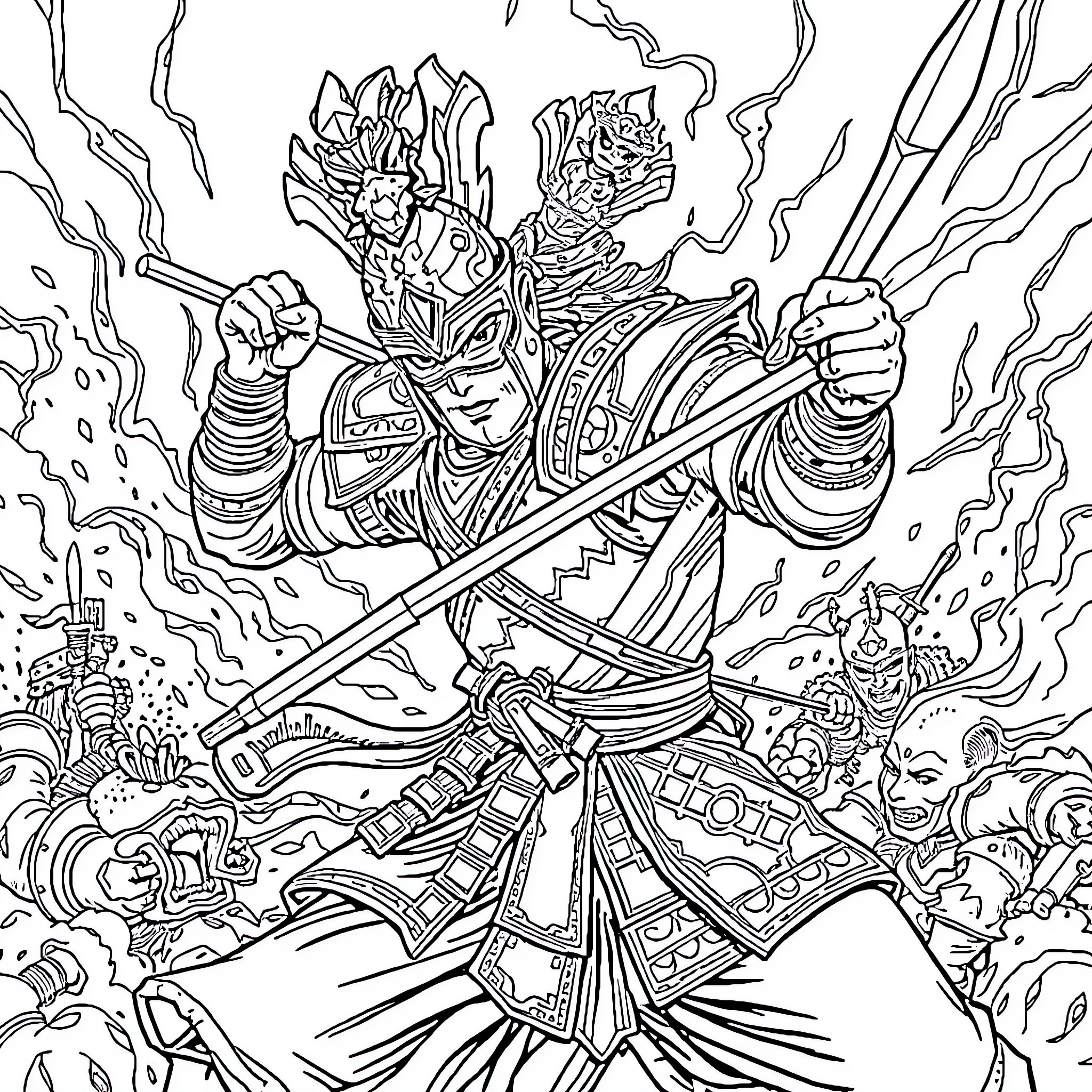 Thai Warrior Engages in Fierce Battle with Mystical Elements Coloring Page (free black-and-white line drawing printable PDF for all, from beginners to advanced learners, including children, teens, adults, and seniors)