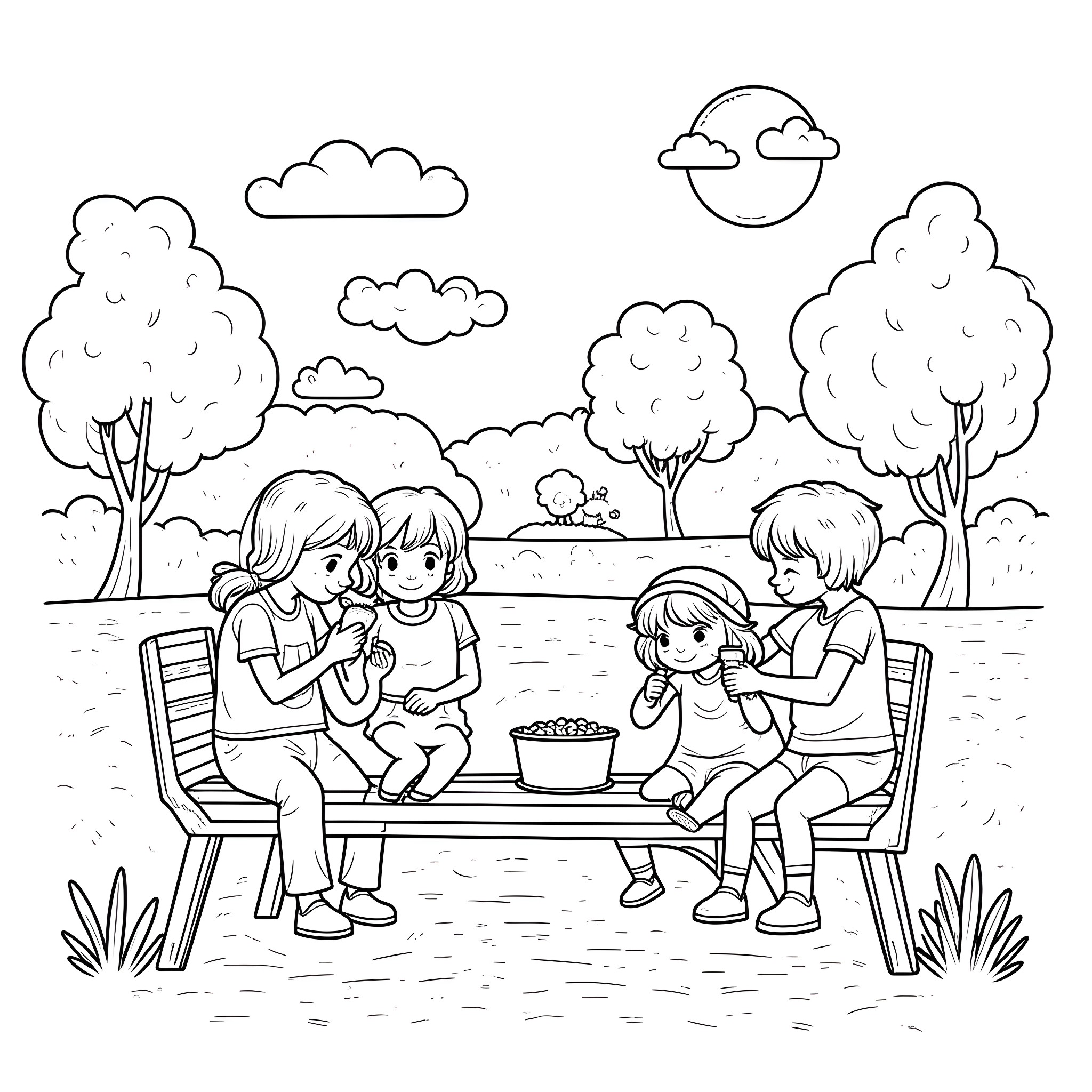 Summer fun with friends in the park Coloring Page (free black-and-white line drawing printable PDF for all, from beginners to advanced learners, including children, teens, adults, and seniors)
