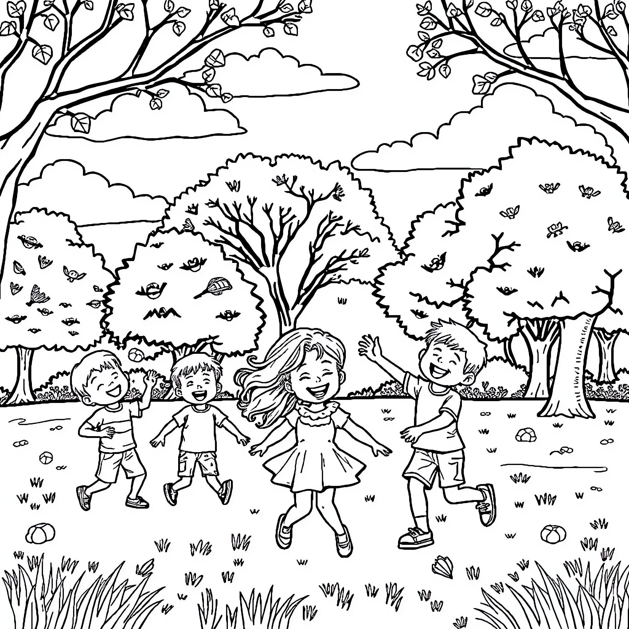 Kid's Joyful Outdoor Adventure in Nature Coloring Page (free black-and-white line drawing printable PDF for all, from beginners to advanced learners, including children, teens, adults, and seniors)