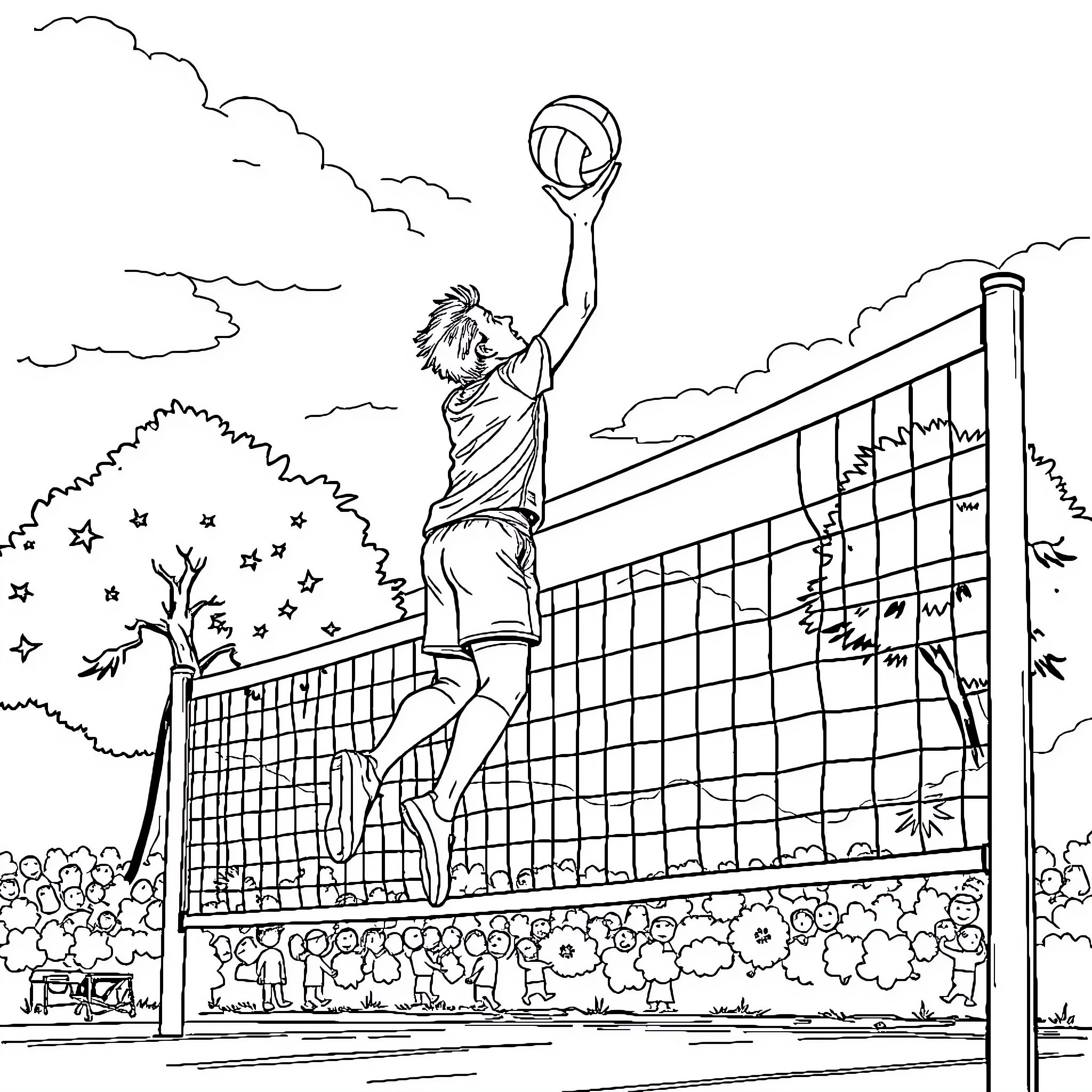 Volleyball player jumping to spike the ball Coloring Page (free black-and-white line drawing printable PDF for all, from beginners to advanced learners, including children, teens, adults, and seniors)