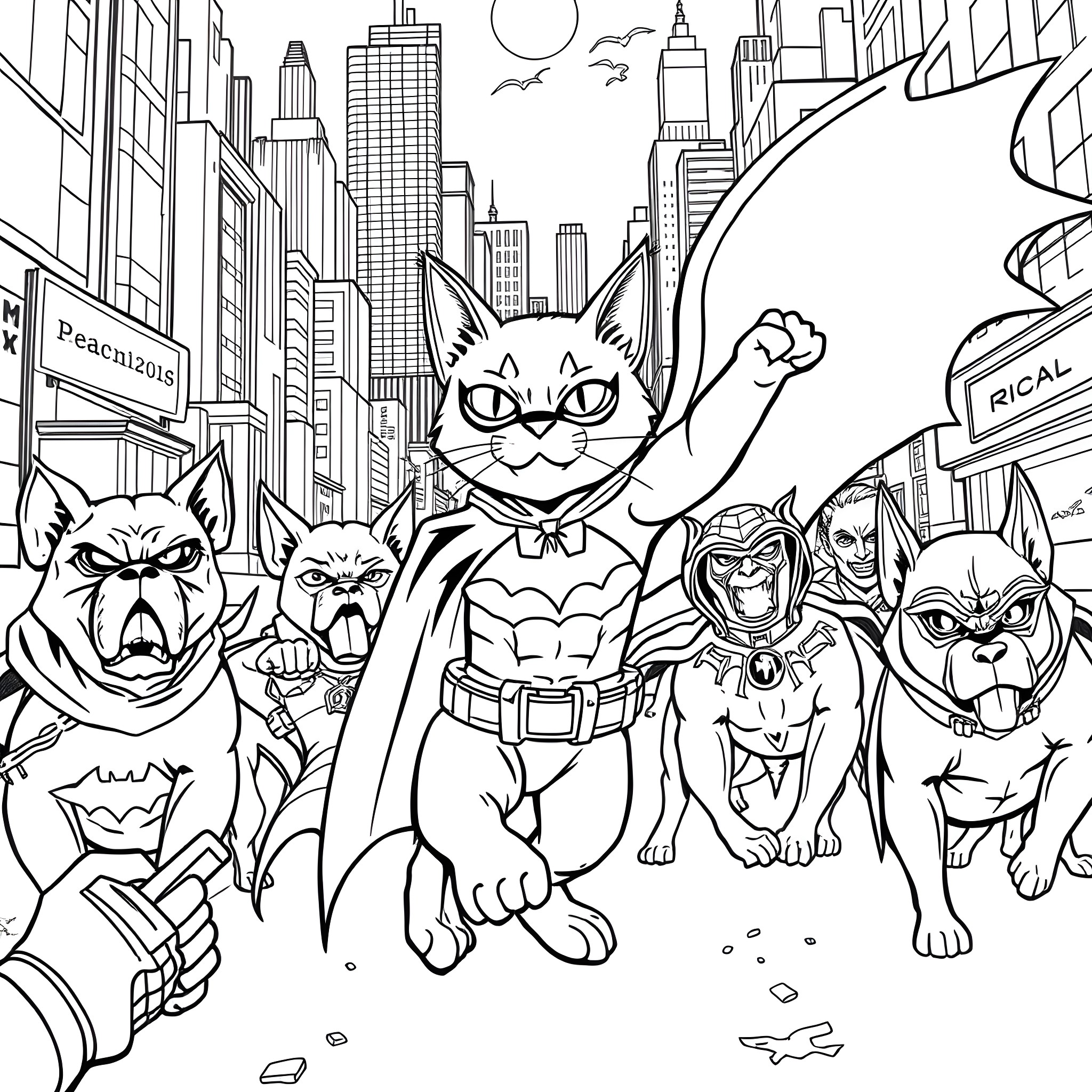 Cat superheroes saving the city Coloring Page (free black-and-white line drawing printable PDF for all, from beginners to advanced learners, including children, teens, adults, and seniors)