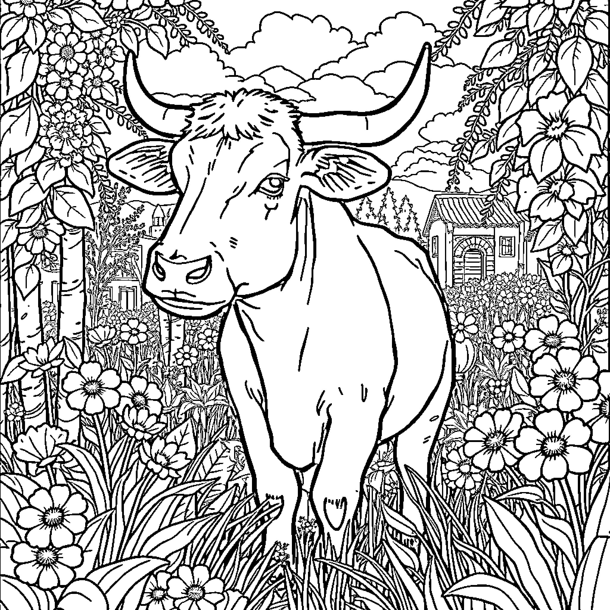 Vaca standing amidst a vibrant floral landscape Coloring Page (free black-and-white line drawing printable PDF for all, from beginners to advanced learners, including children, teens, adults, and seniors)