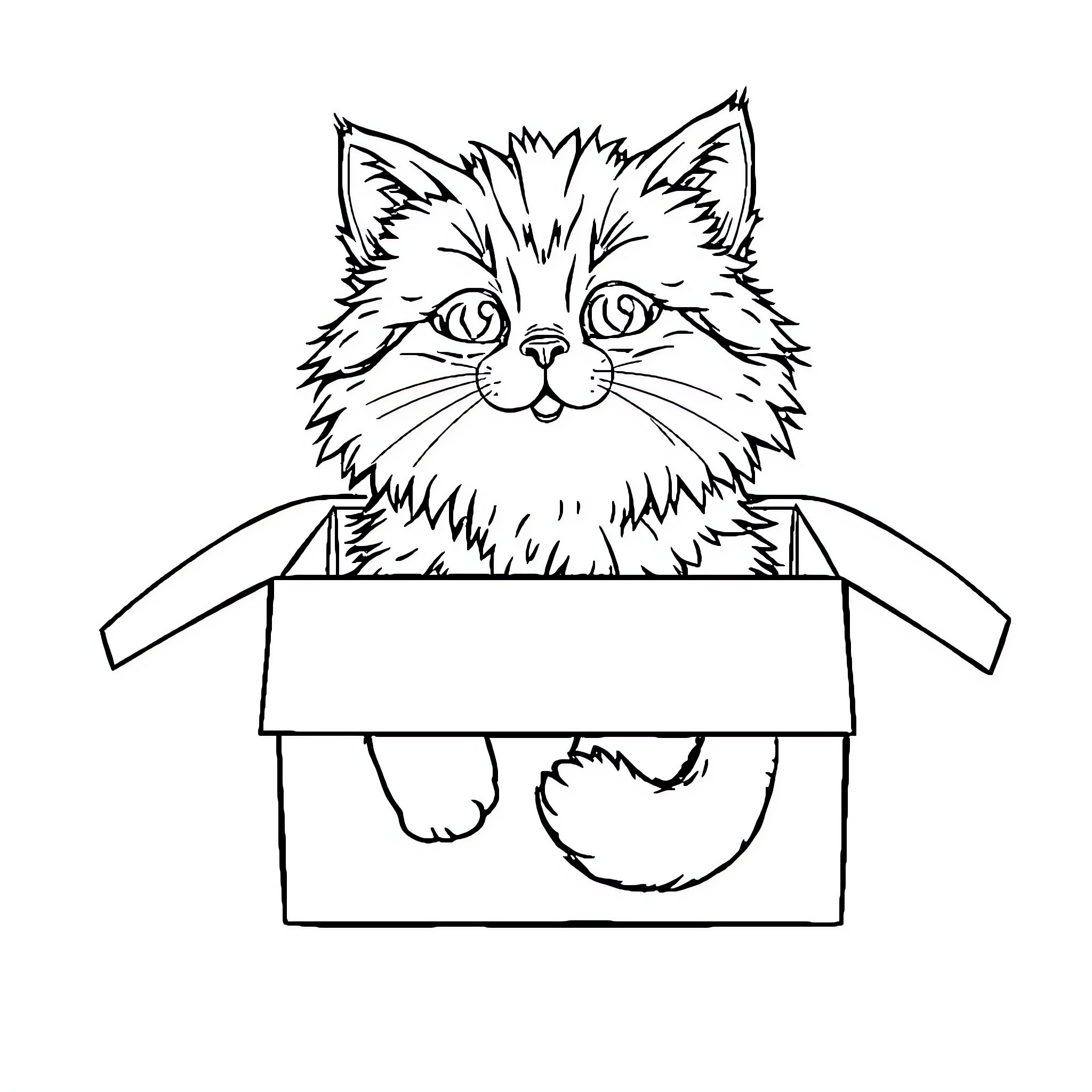 Cat in a box with cute expression Coloring Page (free black-and-white line drawing printable PDF for all, from beginners to advanced learners, including children, teens, adults, and seniors)