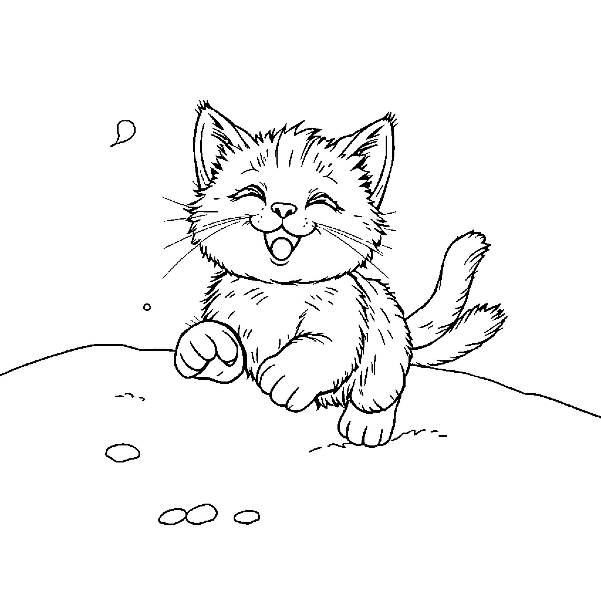 Kitty playing joyfully in the snow Coloring Page (free black-and-white line drawing printable PDF for all, from beginners to advanced learners, including children, teens, adults, and seniors)