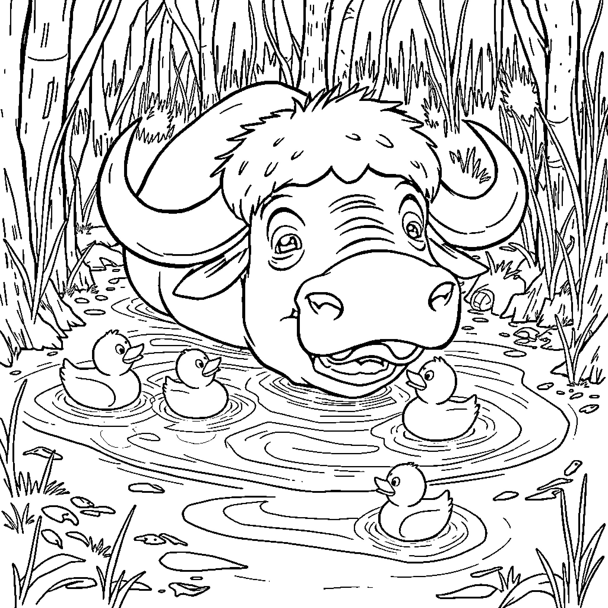 Buffalo enjoying a pond with ducklings Coloring Page (free black-and-white line drawing printable PDF for all, from beginners to advanced learners, including children, teens, adults, and seniors)