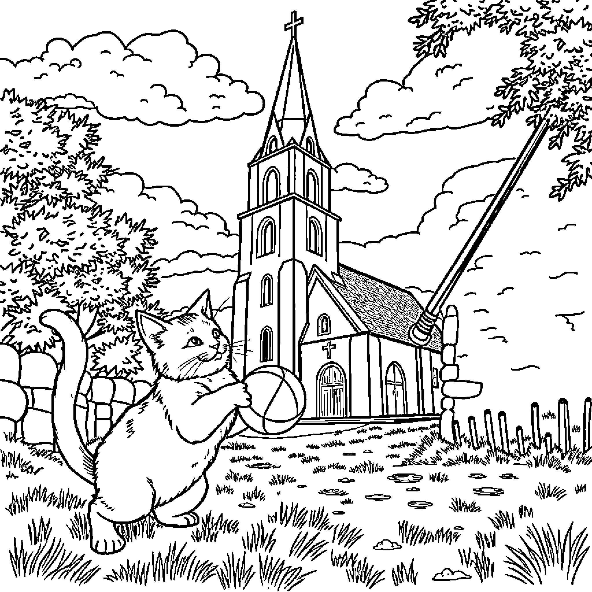 Cat exploring a church in the countryside Coloring Page (free black-and-white line drawing printable PDF for all, from beginners to advanced learners, including children, teens, adults, and seniors)