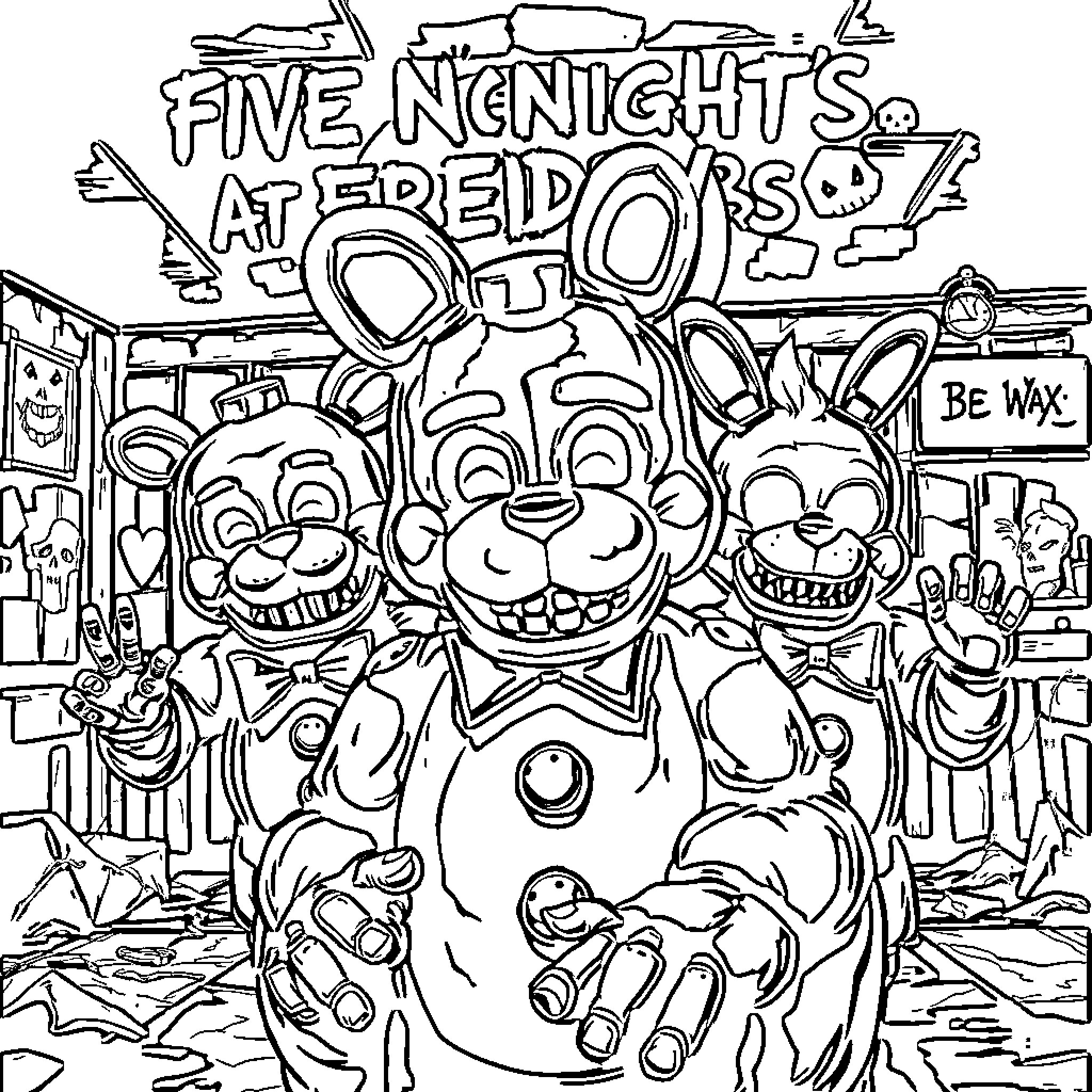 Five Nights At Freddy's characters in an animated scene Coloring Page (free black-and-white line drawing printable PDF for all, from beginners to advanced learners, including children, teens, adults, and seniors)