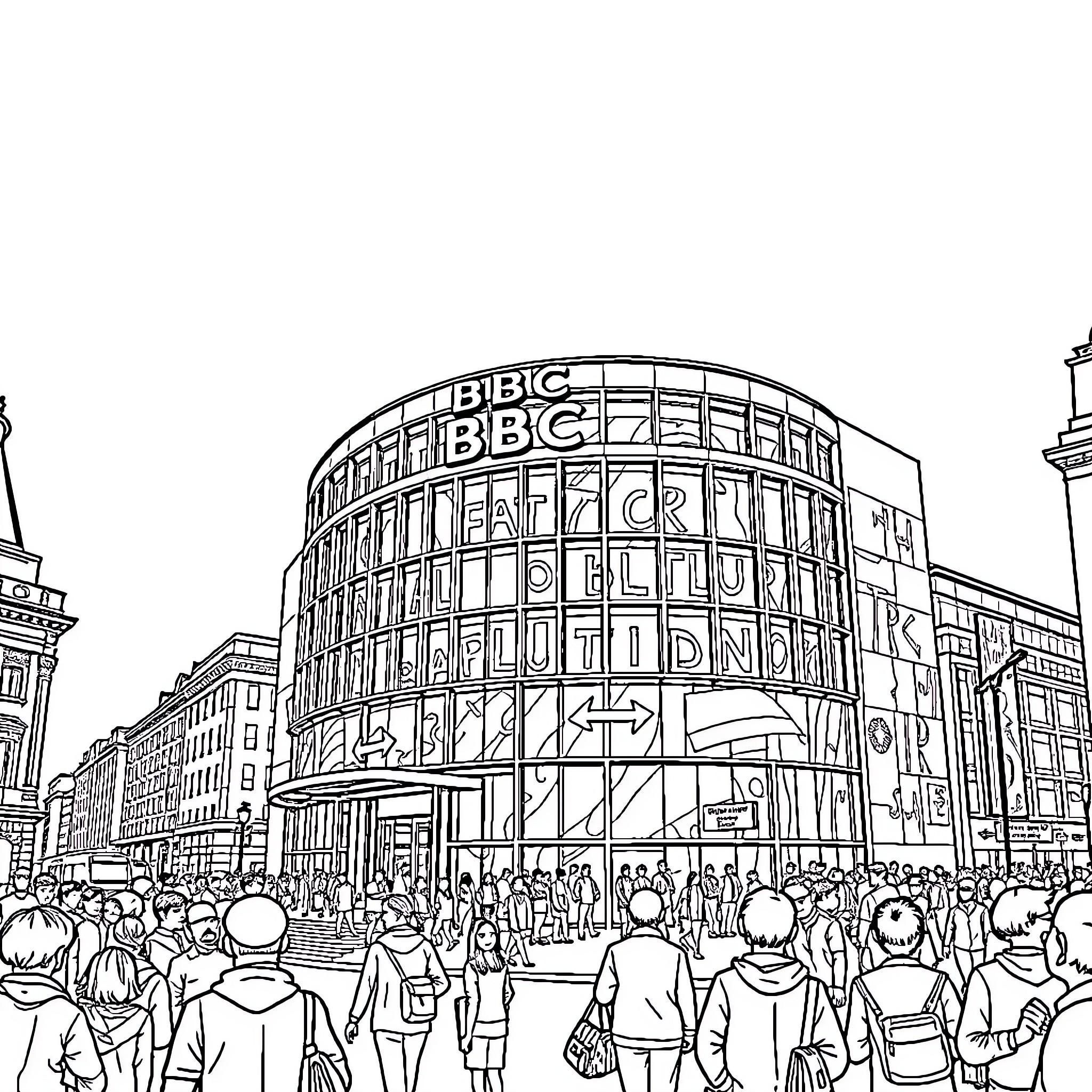 BBC Building Surrounded by Busy Crowd on City Street Coloring Page (free black-and-white line drawing printable PDF for all, from beginners to advanced learners, including children, teens, adults, and seniors)