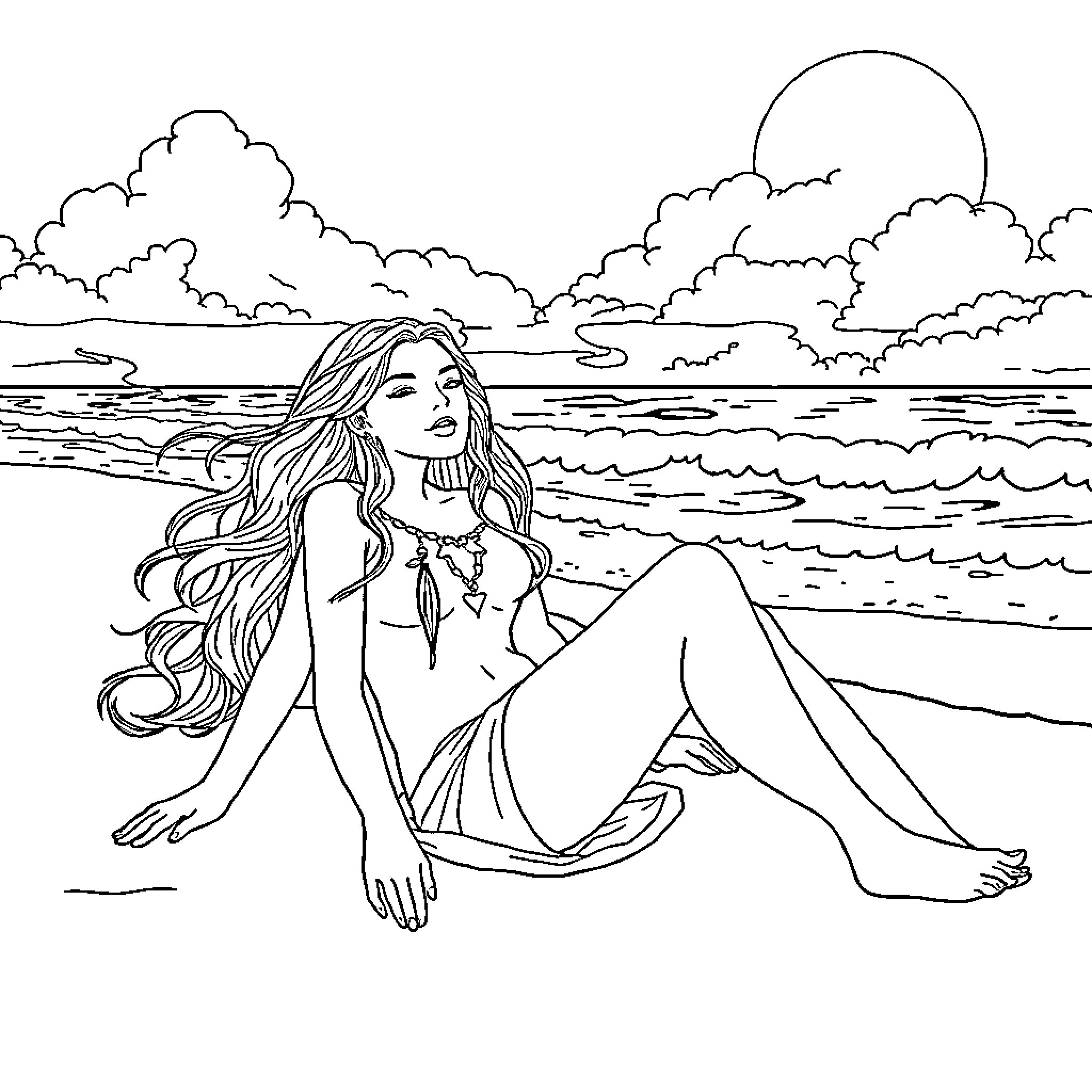 Malenia, Goddess of Rot relaxing by the sea Coloring Page (free black-and-white line drawing printable PDF for all, from beginners to advanced learners, including children, teens, adults, and seniors)