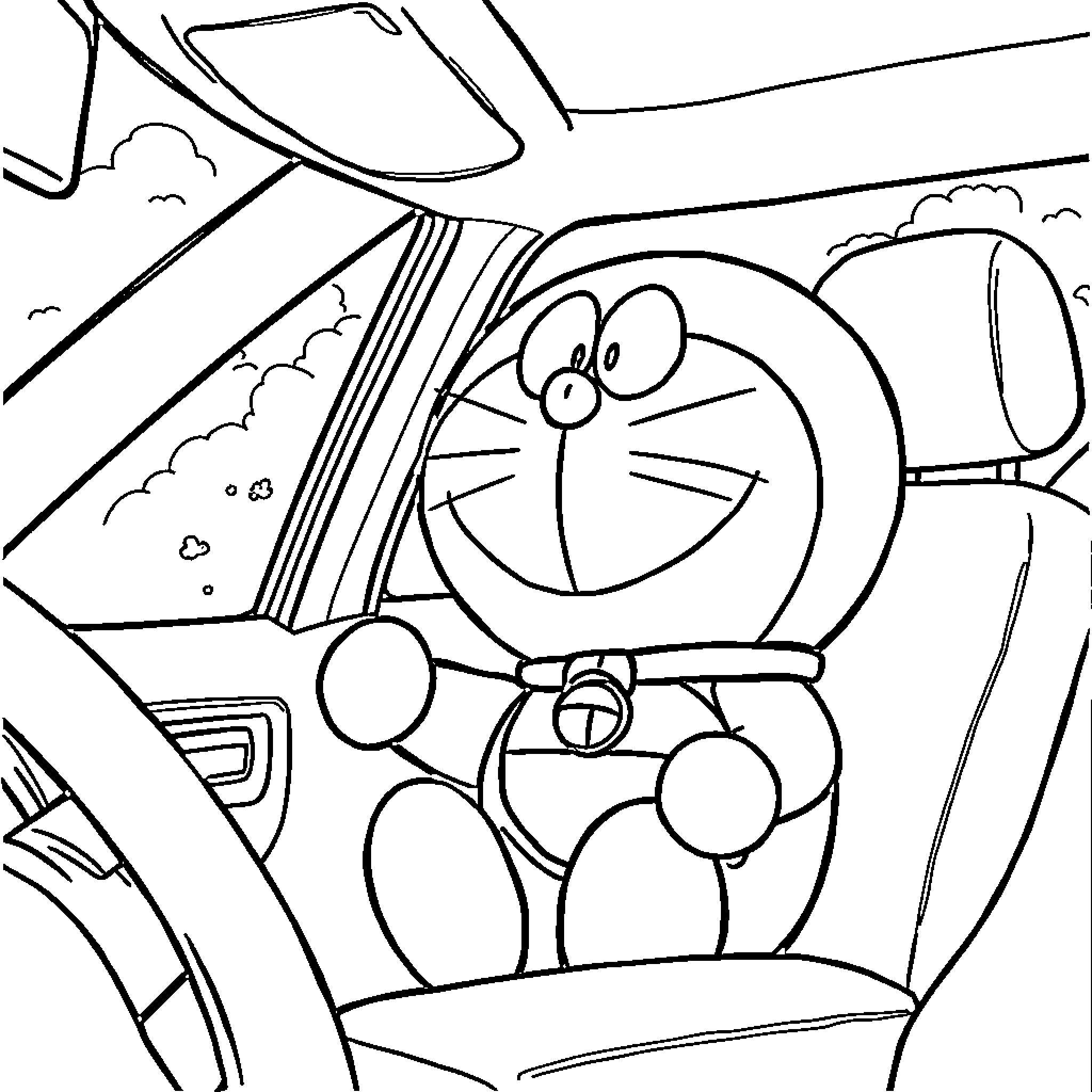 Doraemon's futuristic adventure in a flying vehicle Coloring Page (free black-and-white line drawing printable PDF for all, from beginners to advanced learners, including children, teens, adults, and seniors)