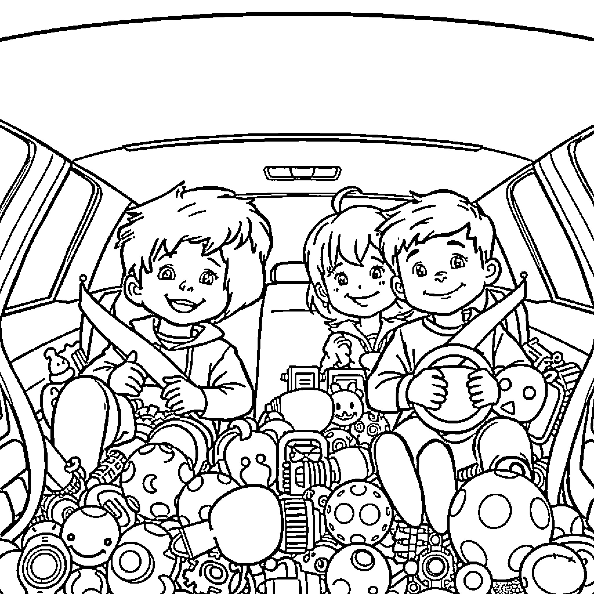 Kids excitedly exploring the interior of a car Coloring Page (free black-and-white line drawing printable PDF for all, from beginners to advanced learners, including children, teens, adults, and seniors)