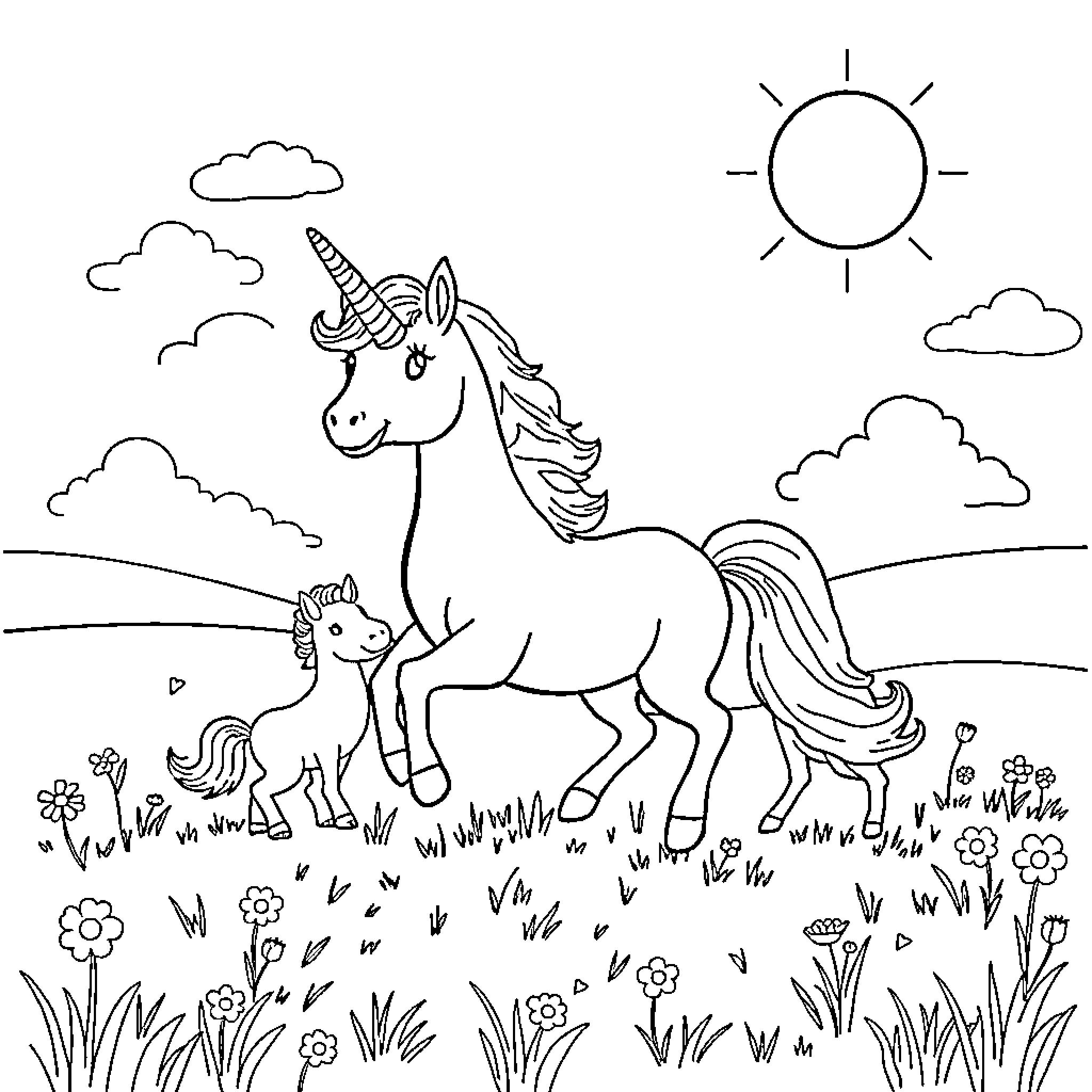 Unicorn and foal strolling through a meadow Coloring Page (free black-and-white line drawing printable PDF for all, from beginners to advanced learners, including children, teens, adults, and seniors)