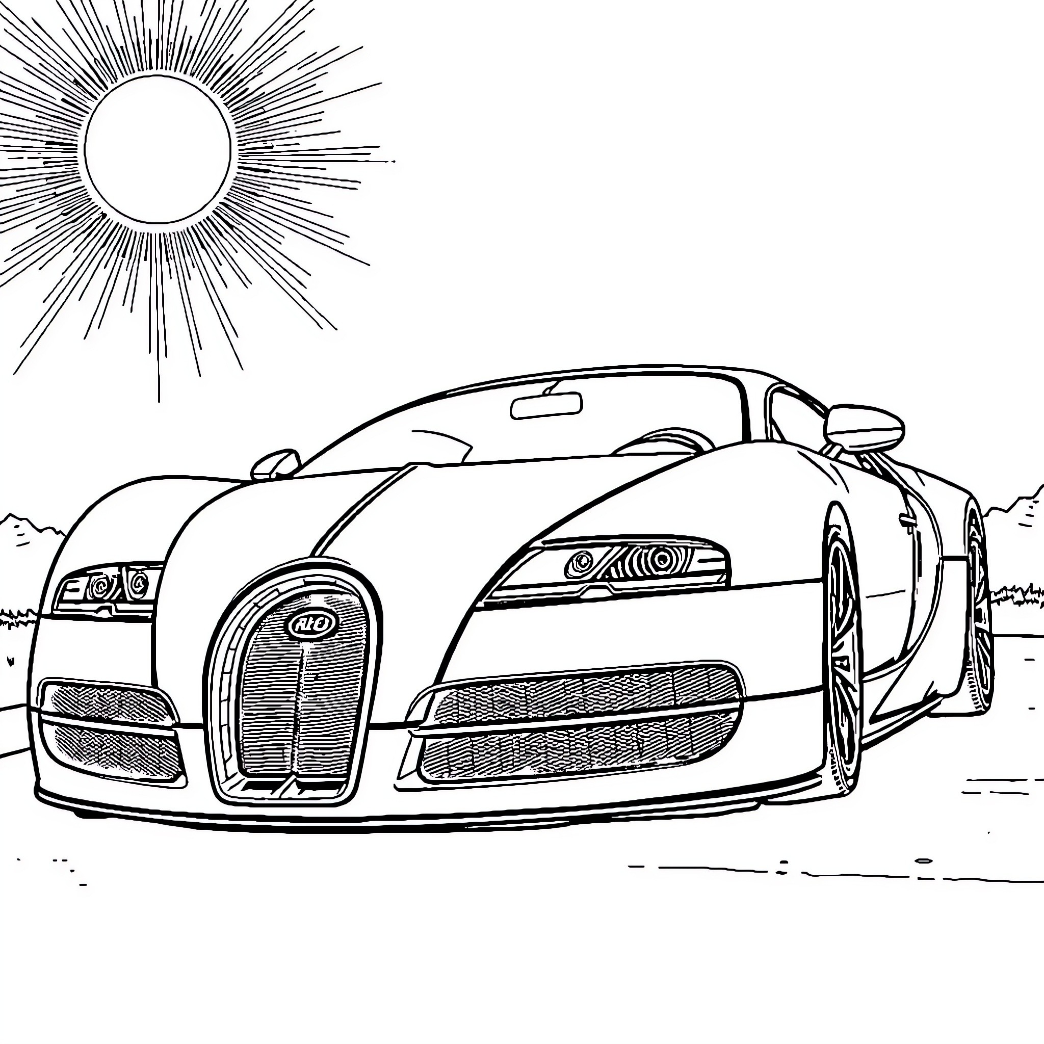 Bugatti sports car speeding under the sun Coloring Page (free black-and-white line drawing printable PDF for all, from beginners to advanced learners, including children, teens, adults, and seniors)