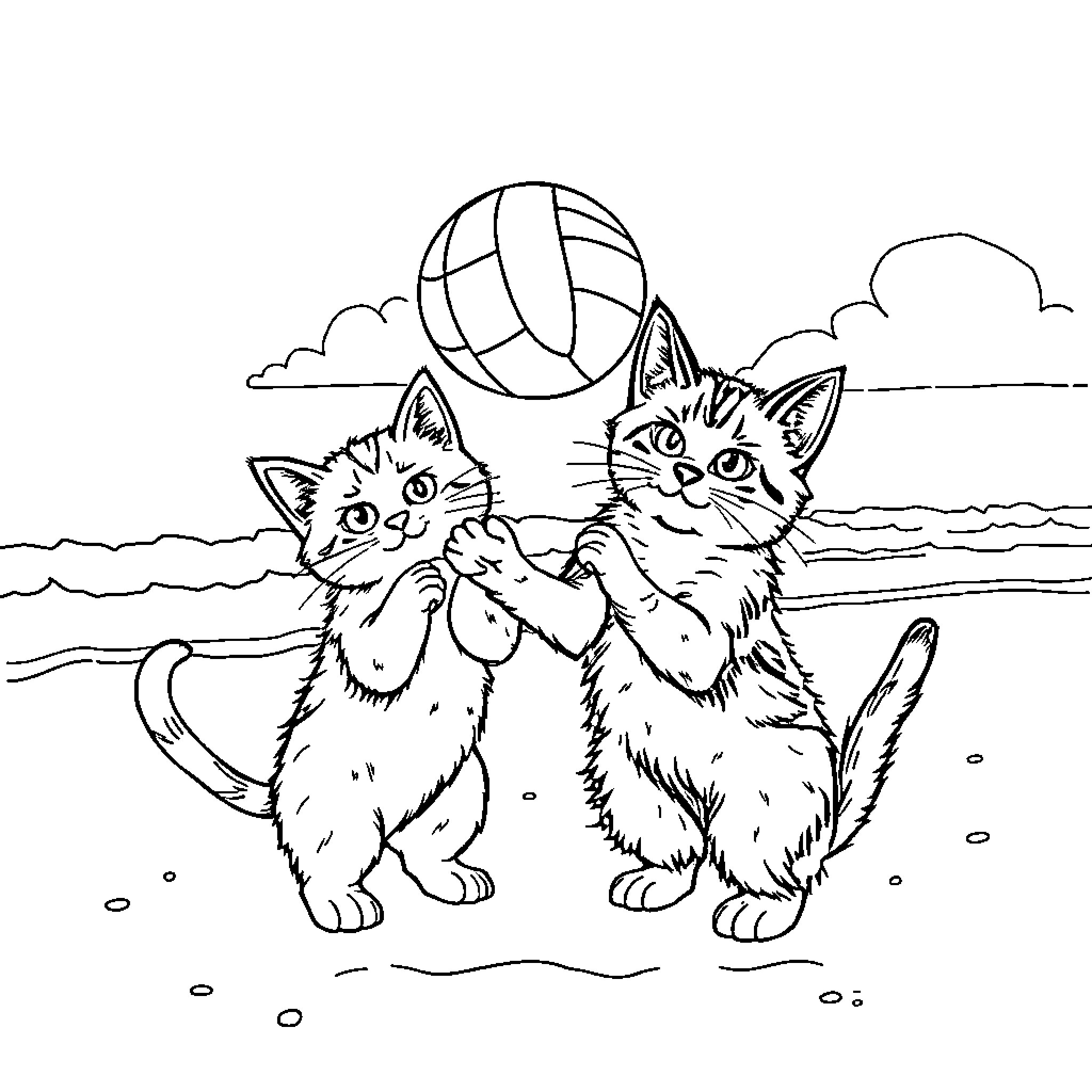 Kitty kittens playing with beach ball by the sea Coloring Page (free black-and-white line drawing printable PDF for all, from beginners to advanced learners, including children, teens, adults, and seniors)