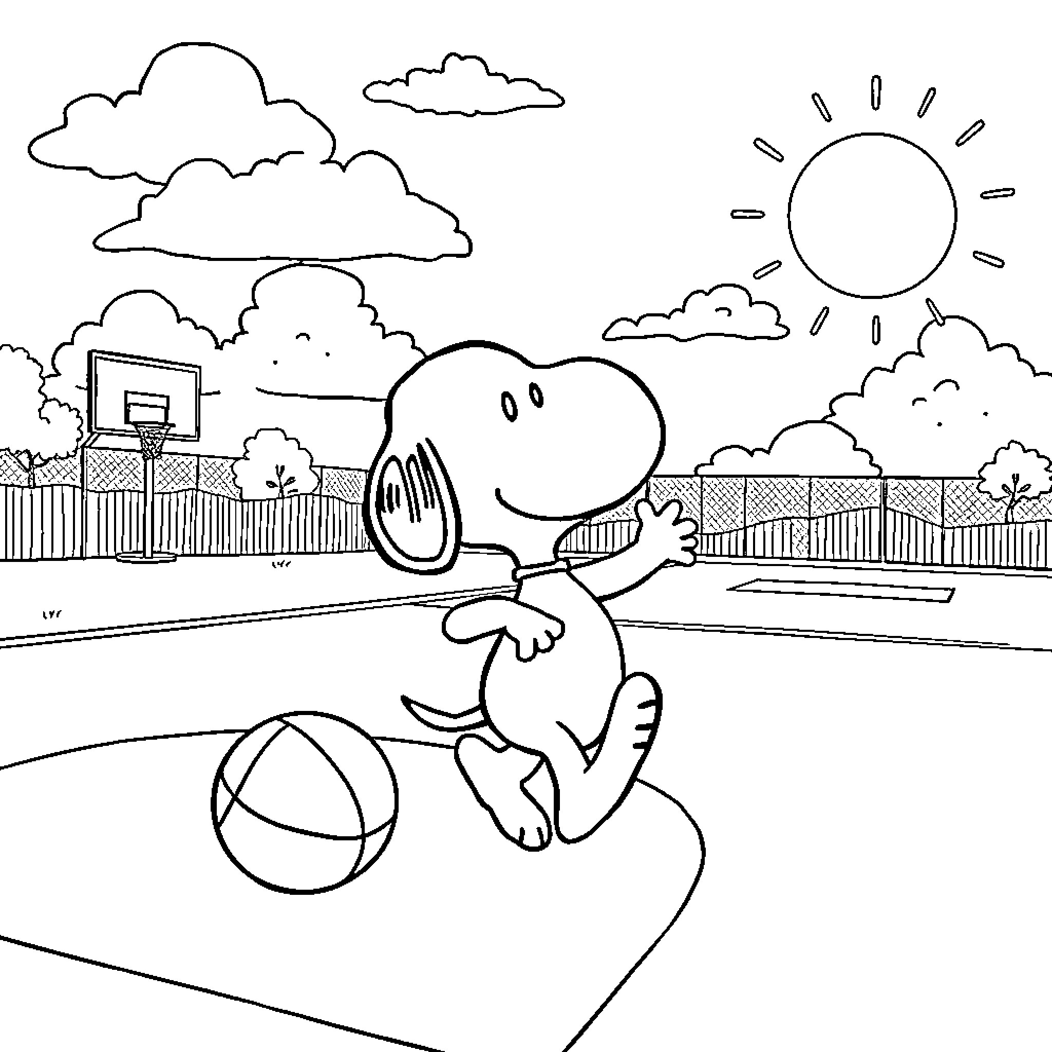 Snoopy playing with a ball on a sunny day Coloring Page (free black-and-white line drawing printable PDF for all, from beginners to advanced learners, including children, teens, adults, and seniors)