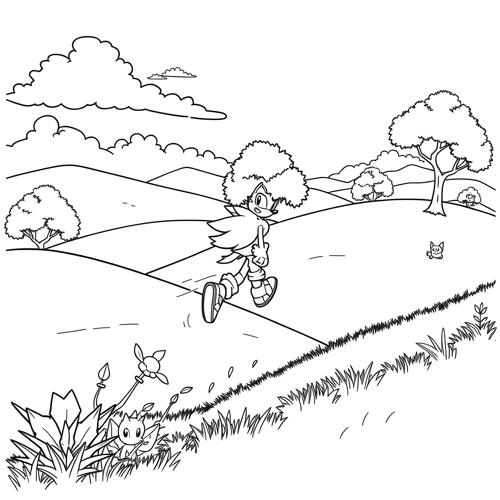 Sonic runs through scenic countryside landscape Coloring Page (free black-and-white line drawing printable PDF for all, from beginners to advanced learners, including children, teens, adults, and seniors)