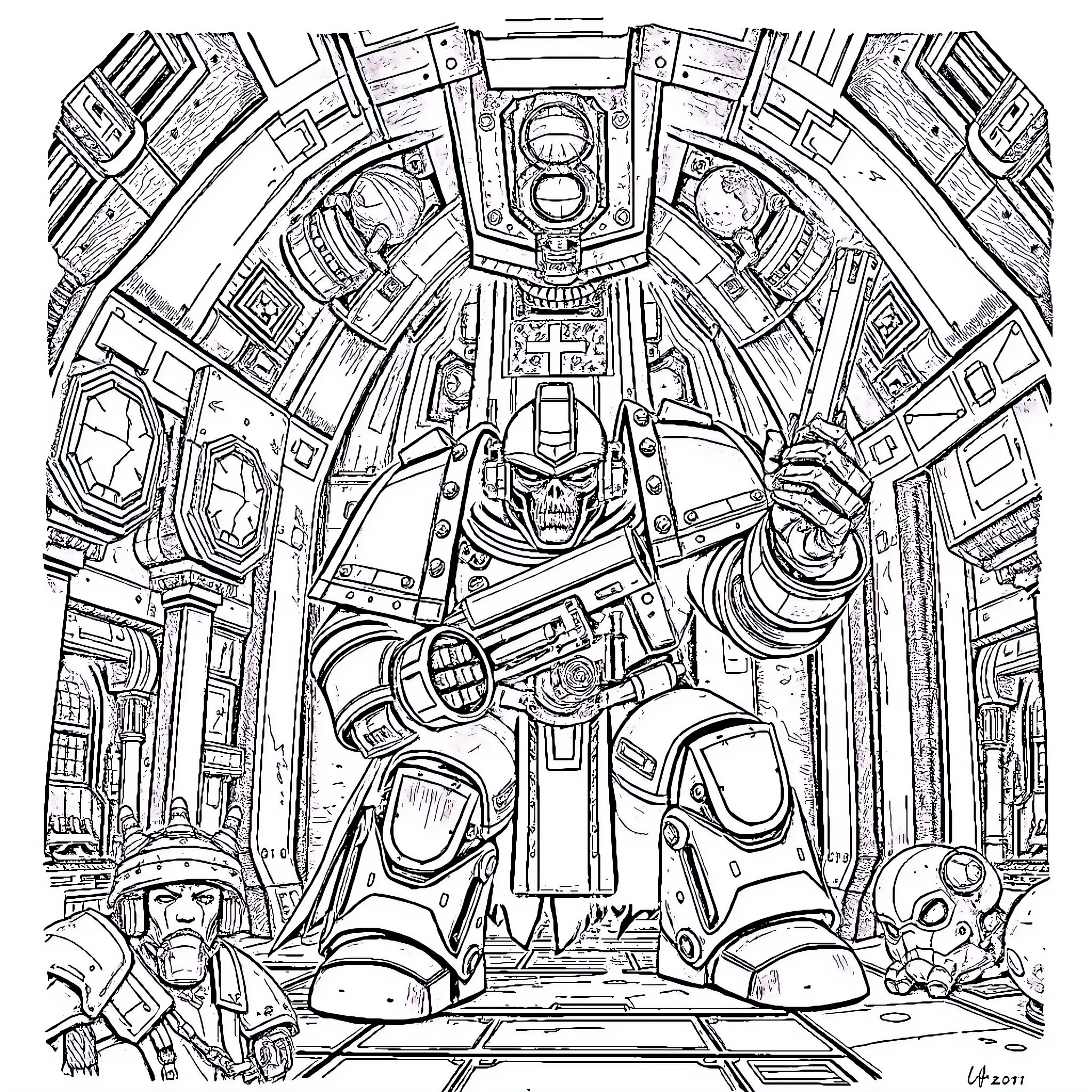 Marine Armored Troopers in Futuristic Combat Zone Coloring Page (free black-and-white line drawing printable PDF for all, from beginners to advanced learners, including children, teens, adults, and seniors)