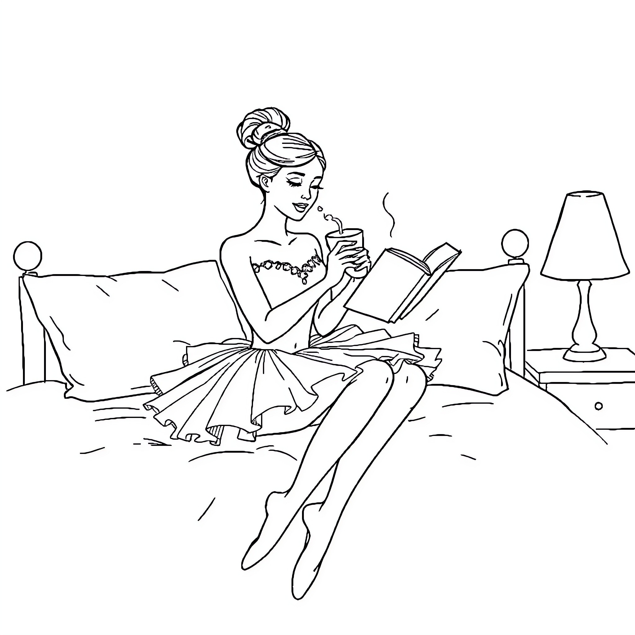 Ballerina reading a book in her dressing room Coloring Page (free black-and-white line drawing printable PDF for all, from beginners to advanced learners, including children, teens, adults, and seniors)