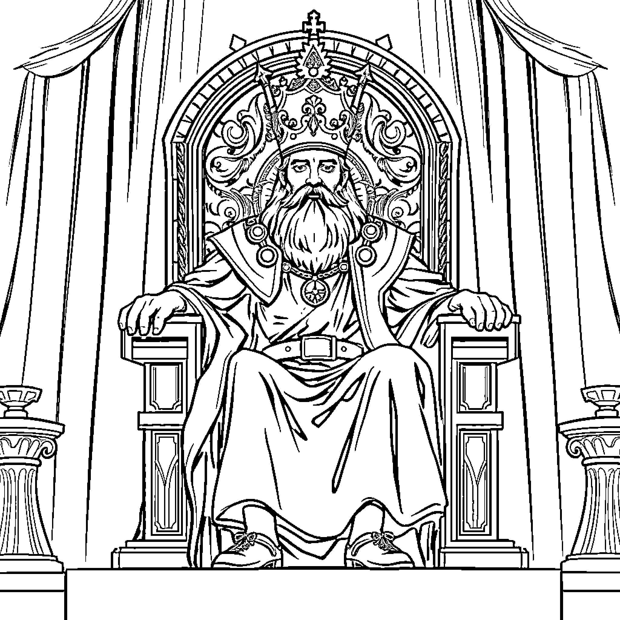 King on the Ornate Throne Coloring Page (free black-and-white line drawing printable PDF for all, from beginners to advanced learners, including children, teens, adults, and seniors)