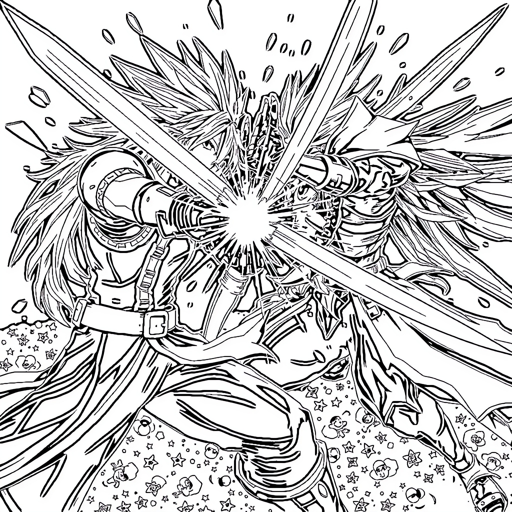 Cloud Strife's Explosive Heroic Encounter Coloring Page (free black-and-white line drawing printable PDF for all, from beginners to advanced learners, including children, teens, adults, and seniors)