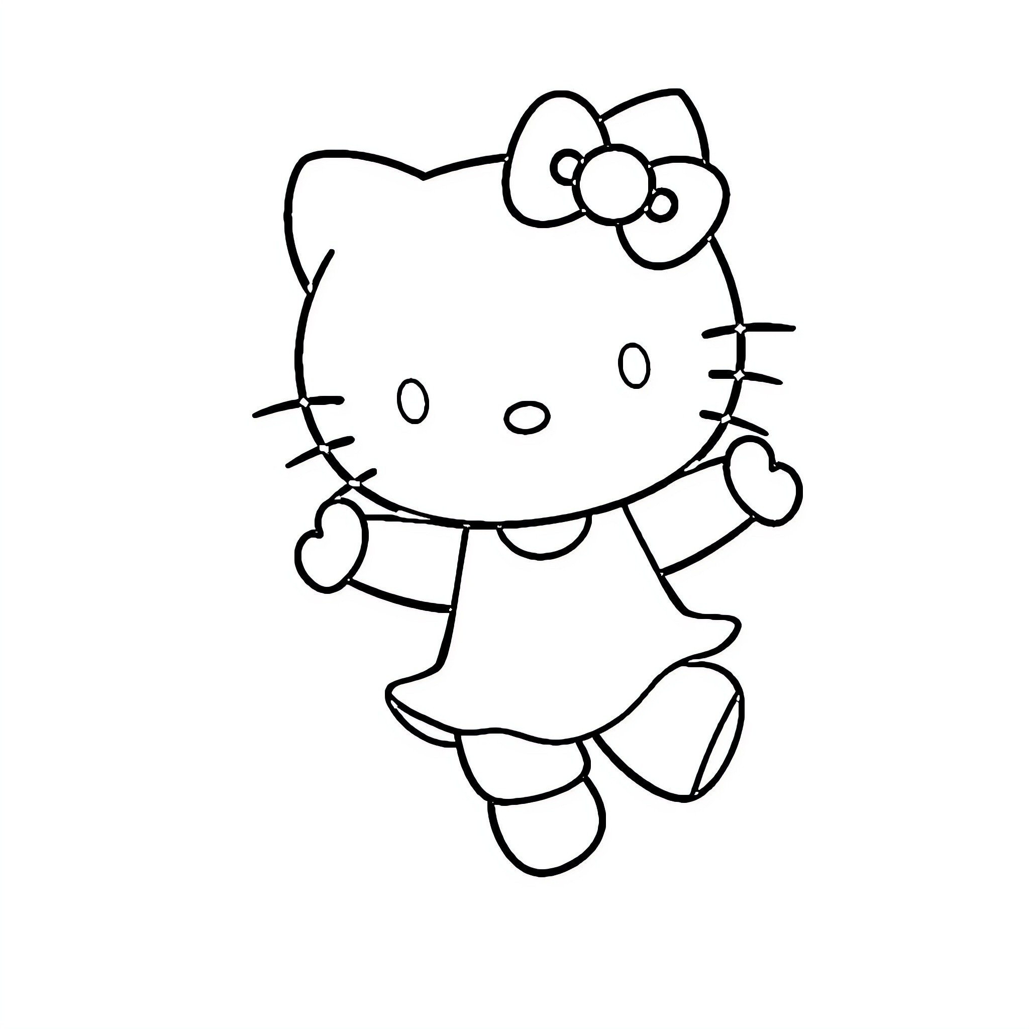 Hello Kitty walking with a bow Coloring Page (free black-and-white line drawing printable PDF for all, from beginners to advanced learners, including children, teens, adults, and seniors)