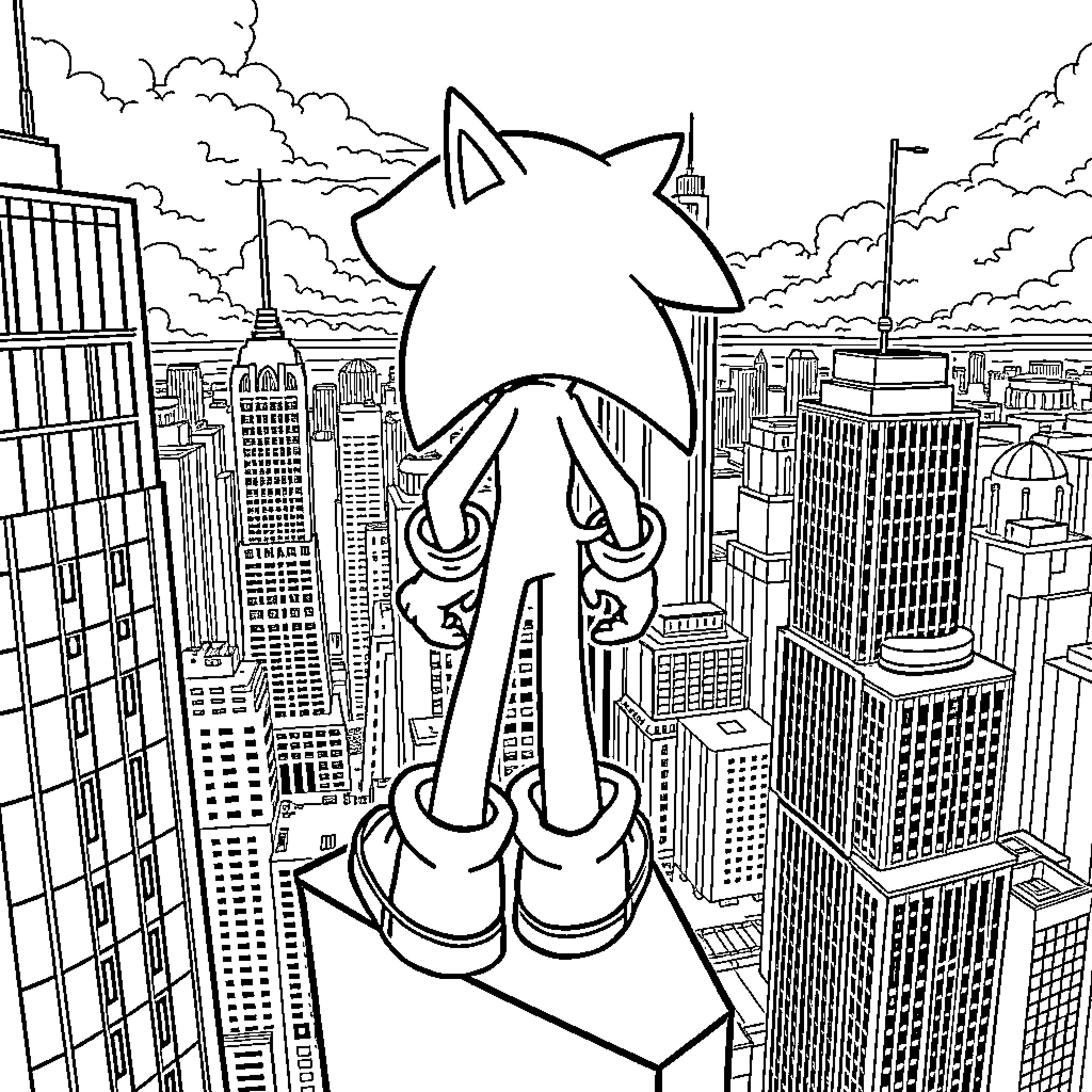 Sonic racing through the busy city skyline Coloring Page (free black-and-white line drawing printable PDF for all, from beginners to advanced learners, including children, teens, adults, and seniors)