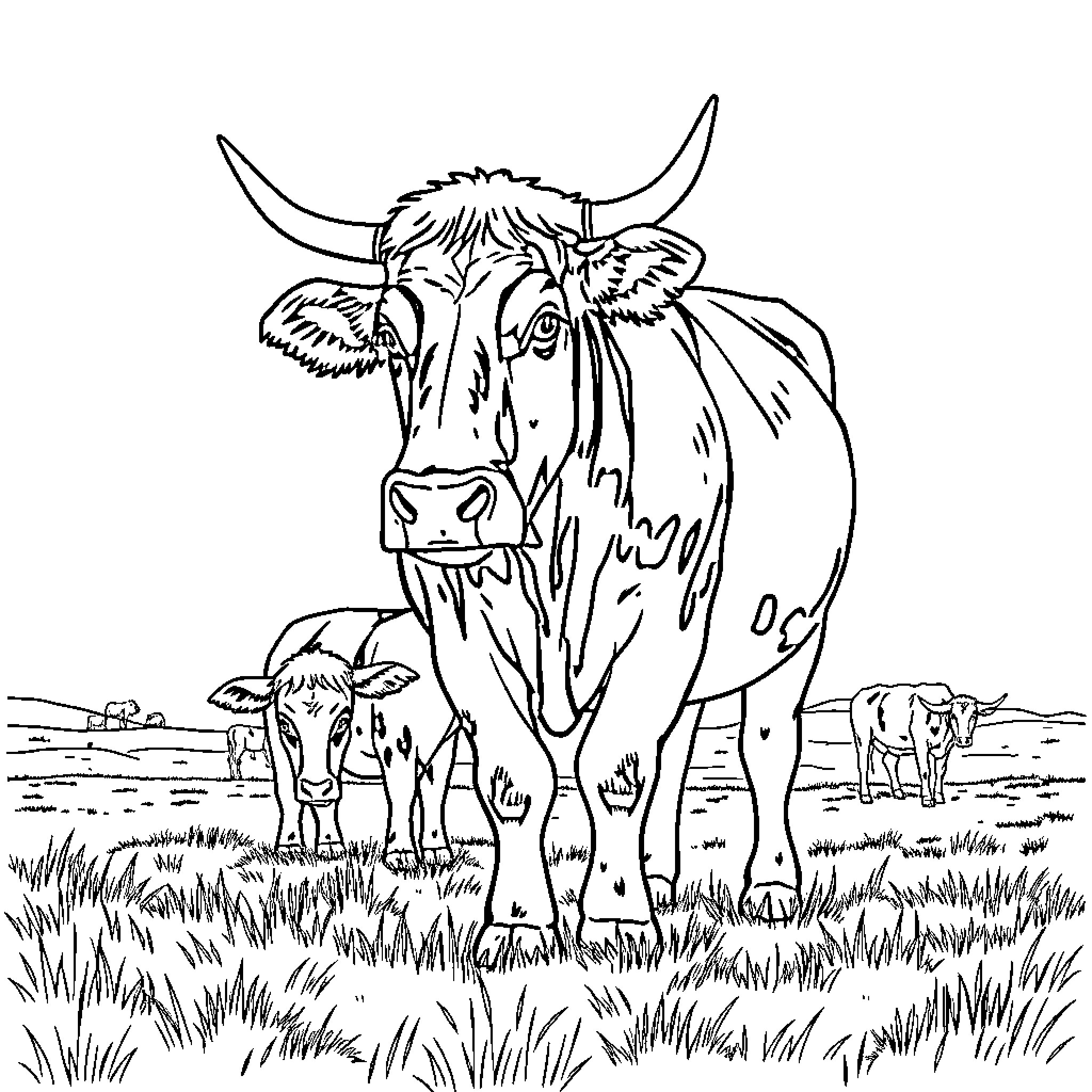 Hereford cattle grazing peacefully in the field Coloring Page (free black-and-white line drawing printable PDF for all, from beginners to advanced learners, including children, teens, adults, and seniors)