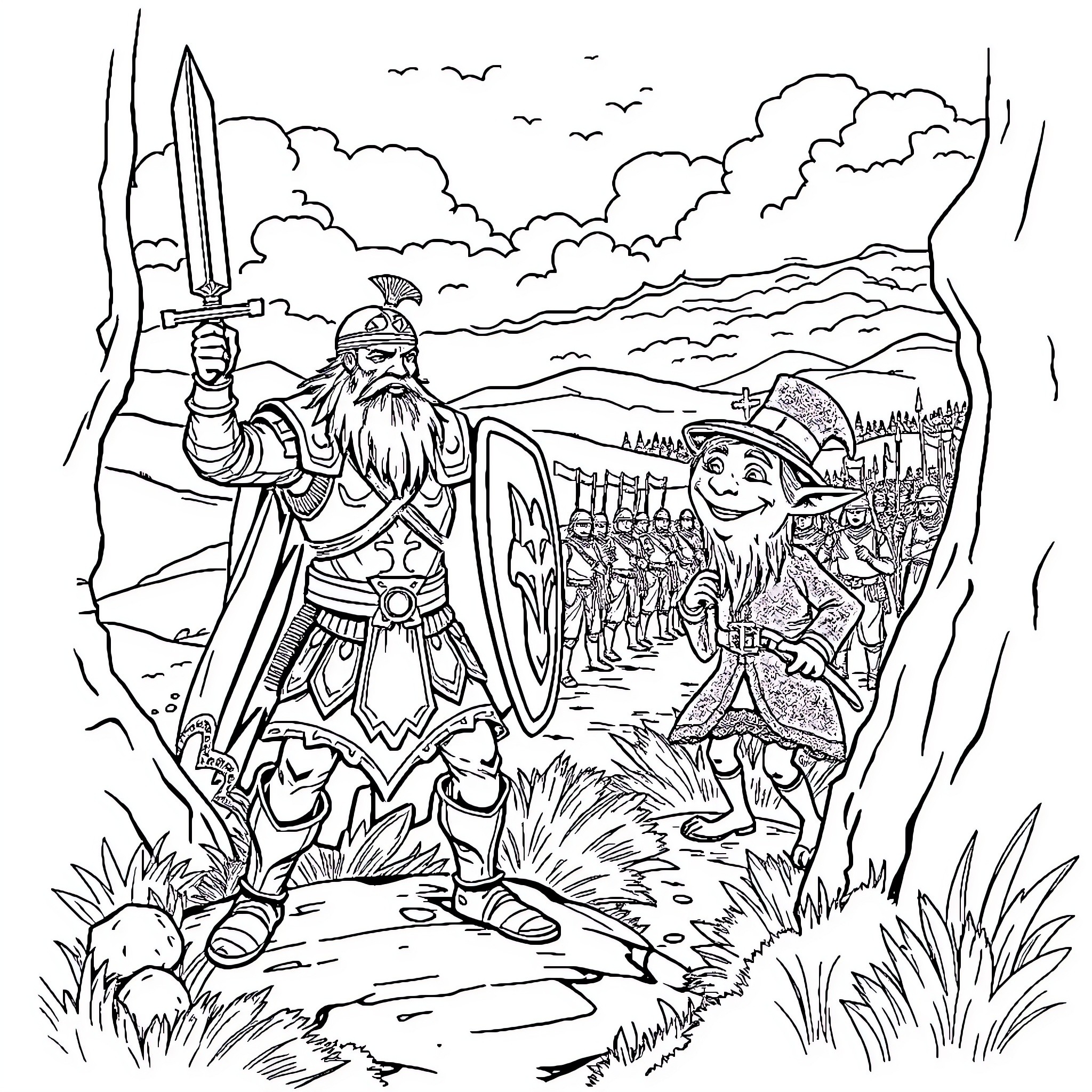 Celtic Warrior Leading His Army into Battle Coloring Page (free black-and-white line drawing printable PDF for all, from beginners to advanced learners, including children, teens, adults, and seniors)