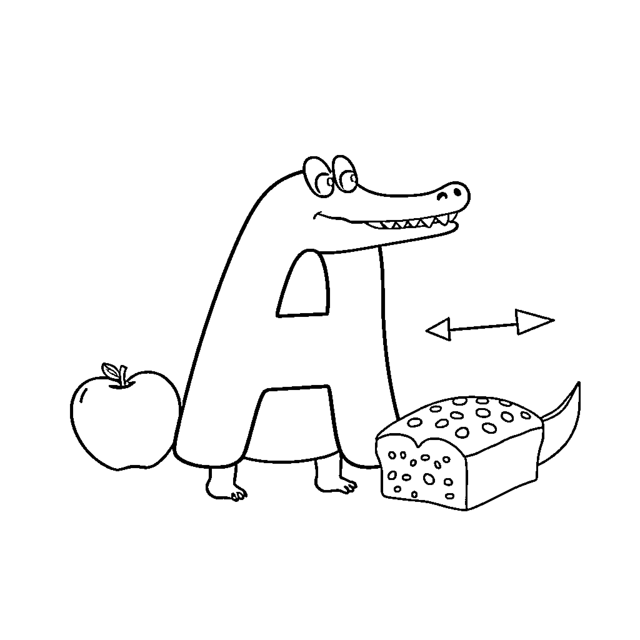 Letter A: Alligator with apple and box Coloring Page (free black-and-white line drawing printable PDF for all, from beginners to advanced learners, including children, teens, adults, and seniors)