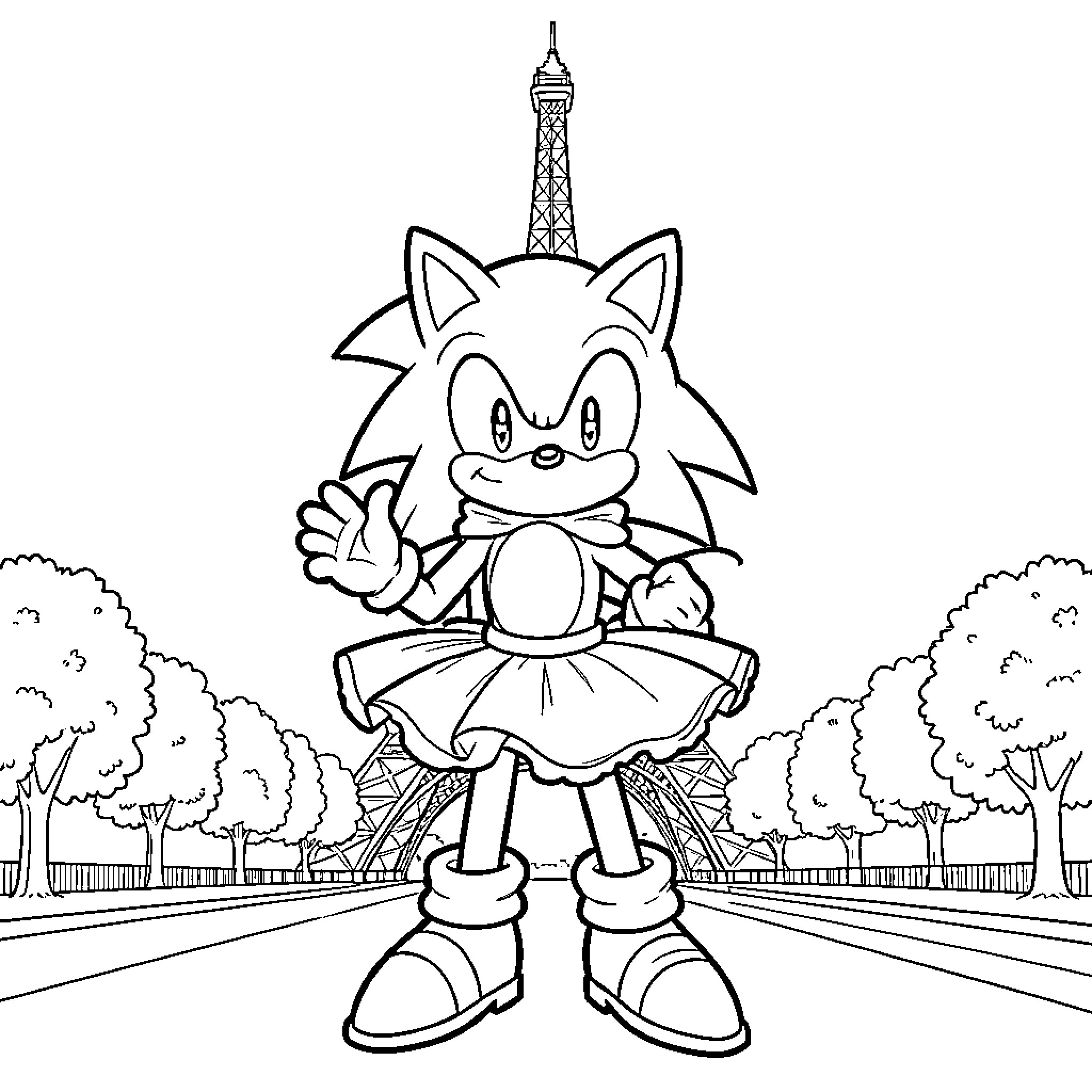 Sonic wearing a dress and waving in front of a tower Coloring Page (free black-and-white line drawing printable PDF for all, from beginners to advanced learners, including children, teens, adults, and seniors)