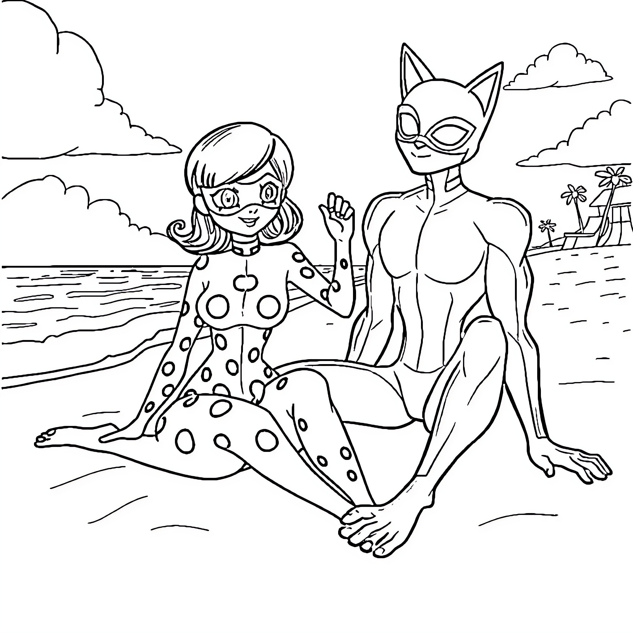 Ladybug and Catwoman enjoying the beach Coloring Page (free black-and-white line drawing printable PDF for all, from beginners to advanced learners, including children, teens, adults, and seniors)