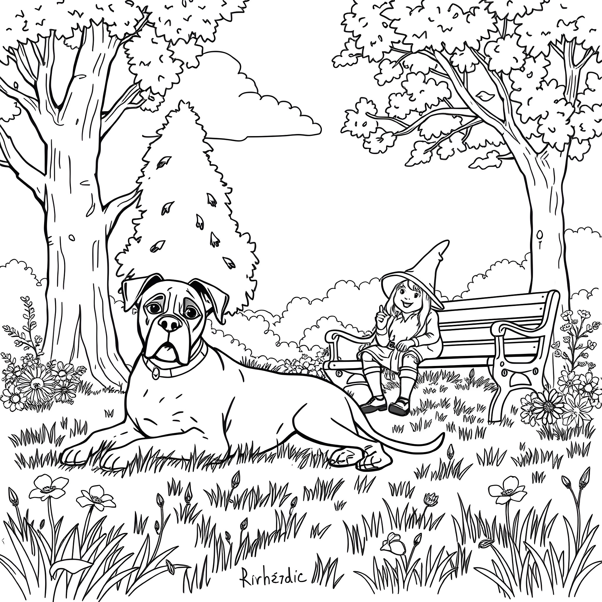 Boxer and girl enjoying a peaceful day in the park Coloring Page (free black-and-white line drawing printable PDF for all, from beginners to advanced learners, including children, teens, adults, and seniors)