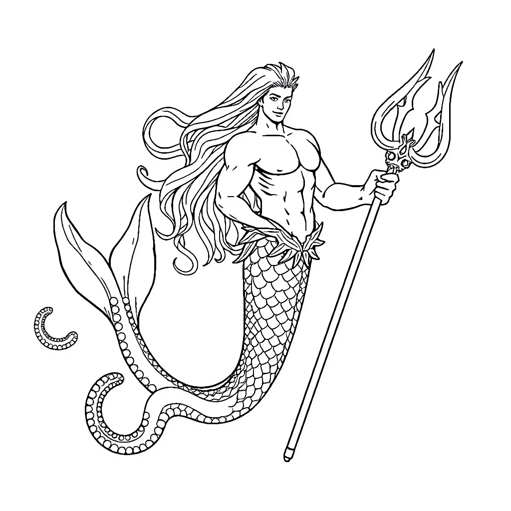 Merman wielding a trident with a confident pose Coloring Page (free black-and-white line drawing printable PDF for all, from beginners to advanced learners, including children, teens, adults, and seniors)