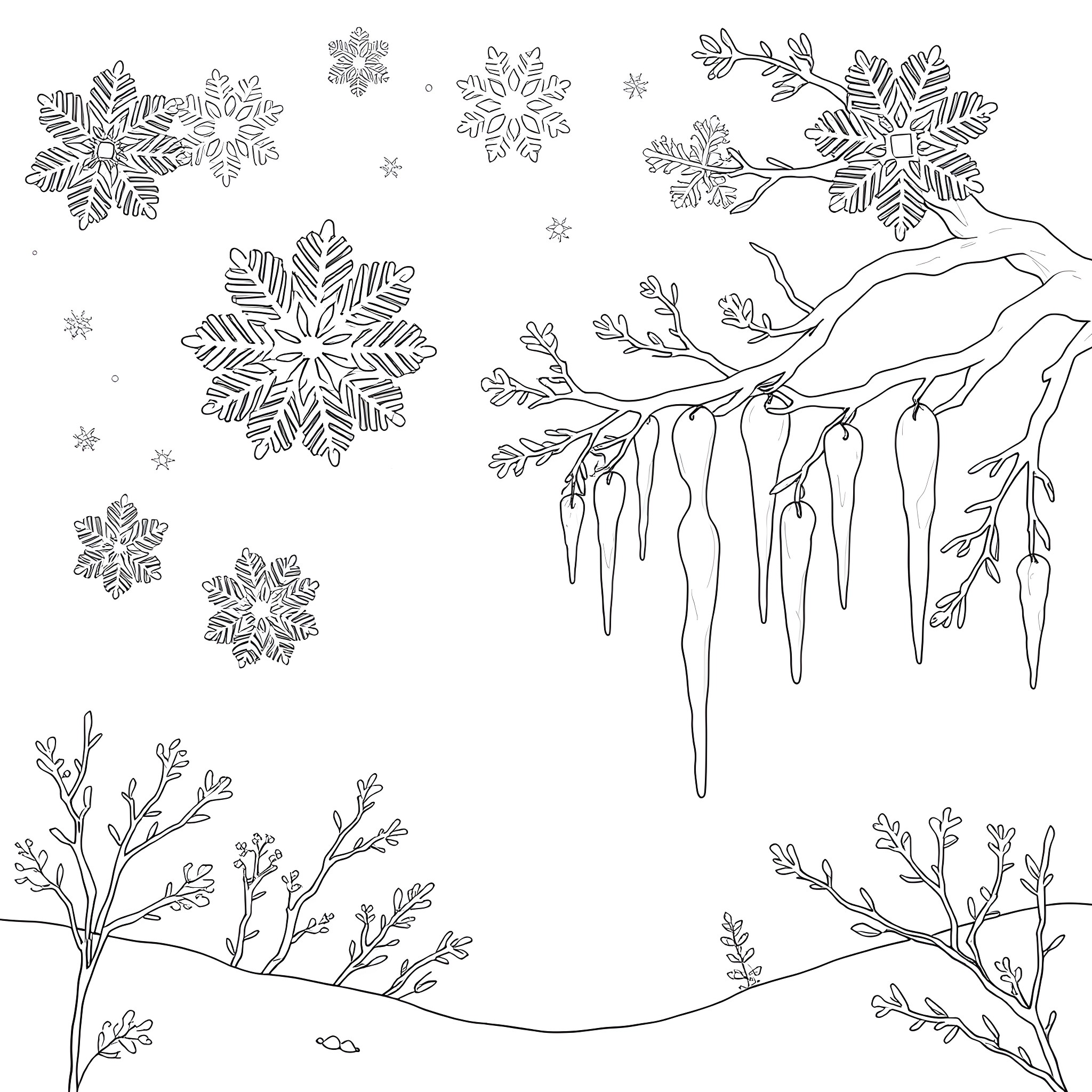 Frozen winter landscape with snowflakes and icicles Coloring Page (free black-and-white line drawing printable PDF for all, from beginners to advanced learners, including children, teens, adults, and seniors)