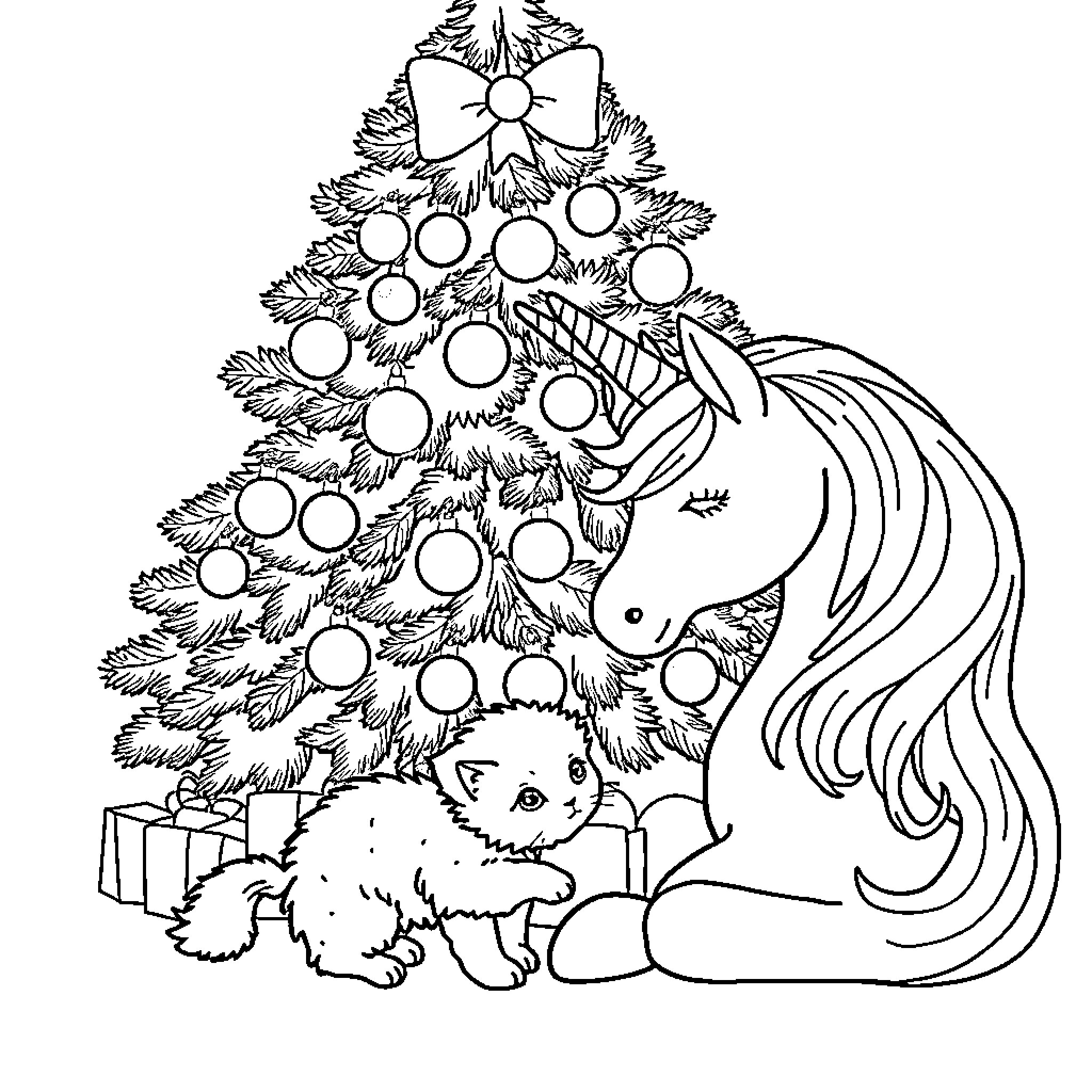 Unicorn relaxing by festive Christmas tree Coloring Page (free black-and-white line drawing printable PDF for all, from beginners to advanced learners, including children, teens, adults, and seniors)