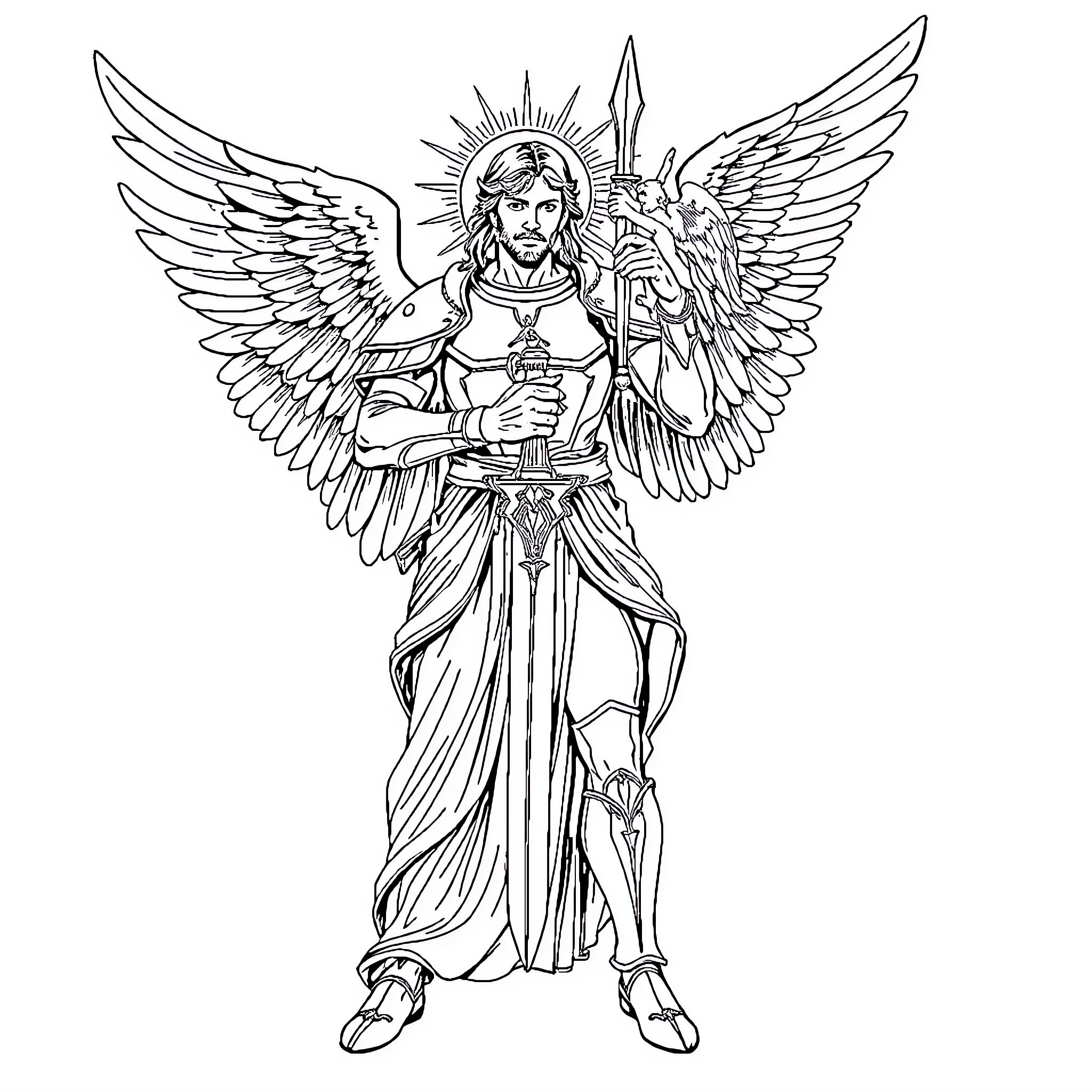 Archangel with Celestial Wings and Sword Coloring Page (free black-and-white line drawing printable PDF for all, from beginners to advanced learners, including children, teens, adults, and seniors)