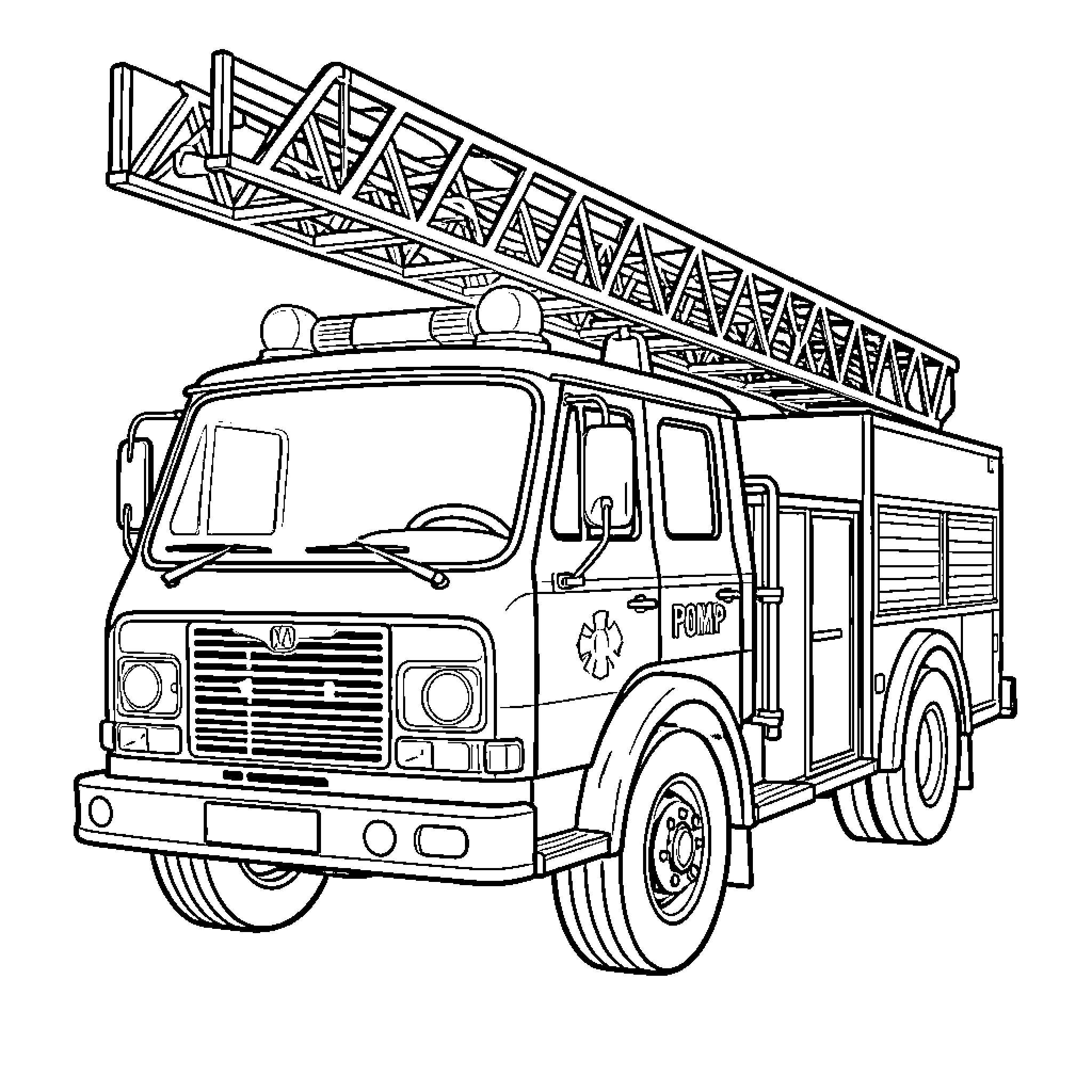 Fire Truck with a long ladder on top Coloring Page (free black-and-white line drawing printable PDF for all, from beginners to advanced learners, including children, teens, adults, and seniors)