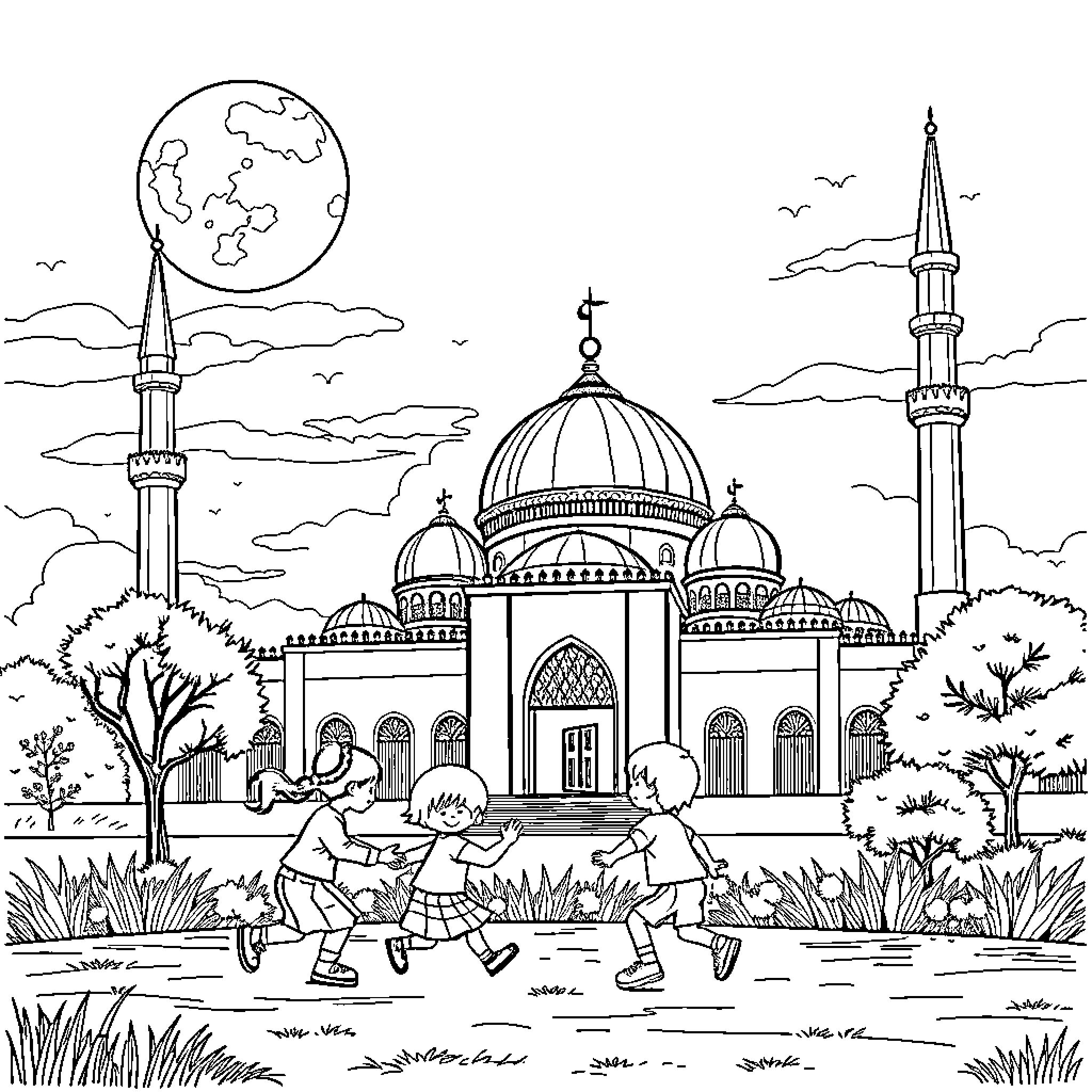 Moon over Mosque: Children Playing Outdoors Coloring Page (free black-and-white line drawing printable PDF for all, from beginners to advanced learners, including children, teens, adults, and seniors)