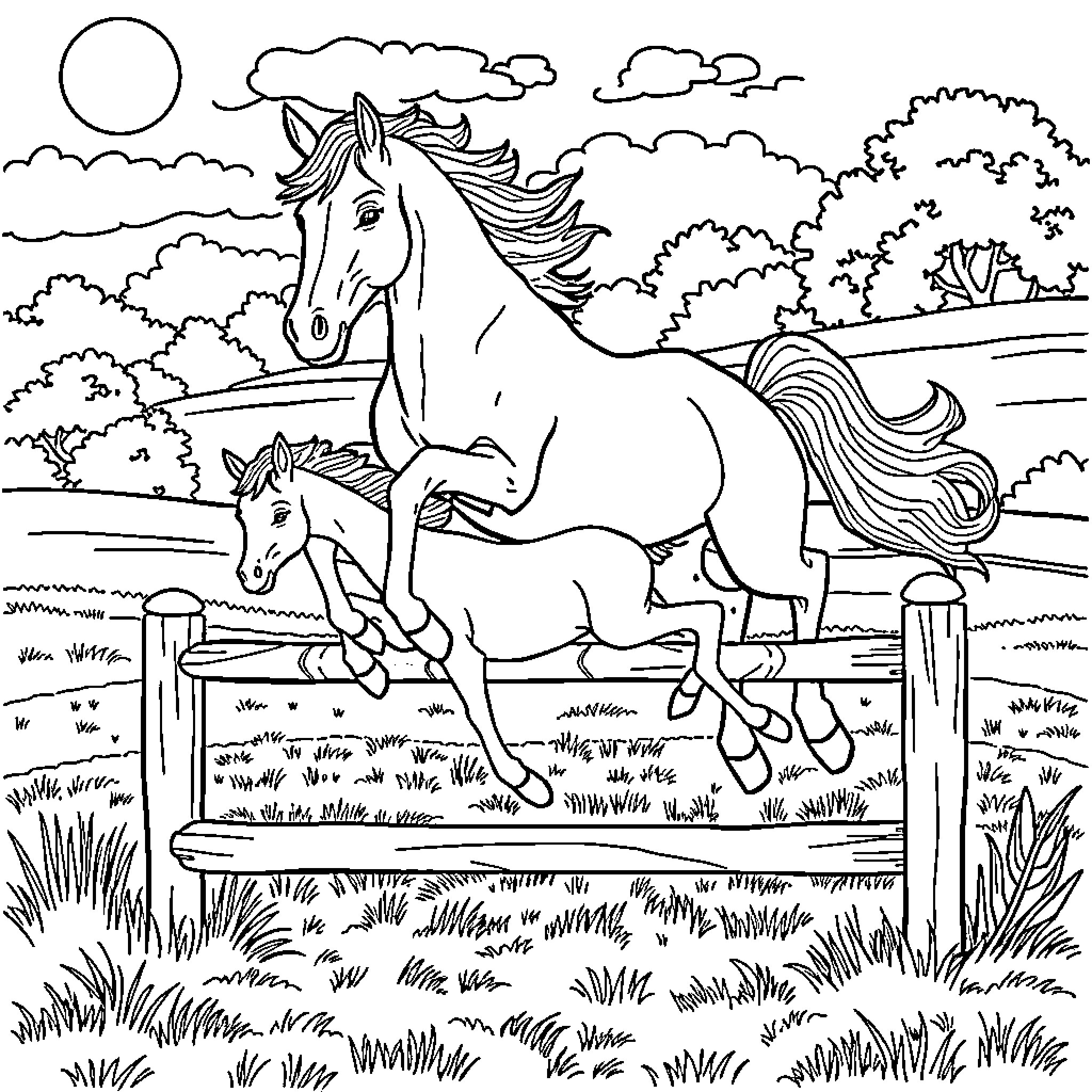 Horse racing in the countryside Coloring Page (free black-and-white line drawing printable PDF for all, from beginners to advanced learners, including children, teens, adults, and seniors)