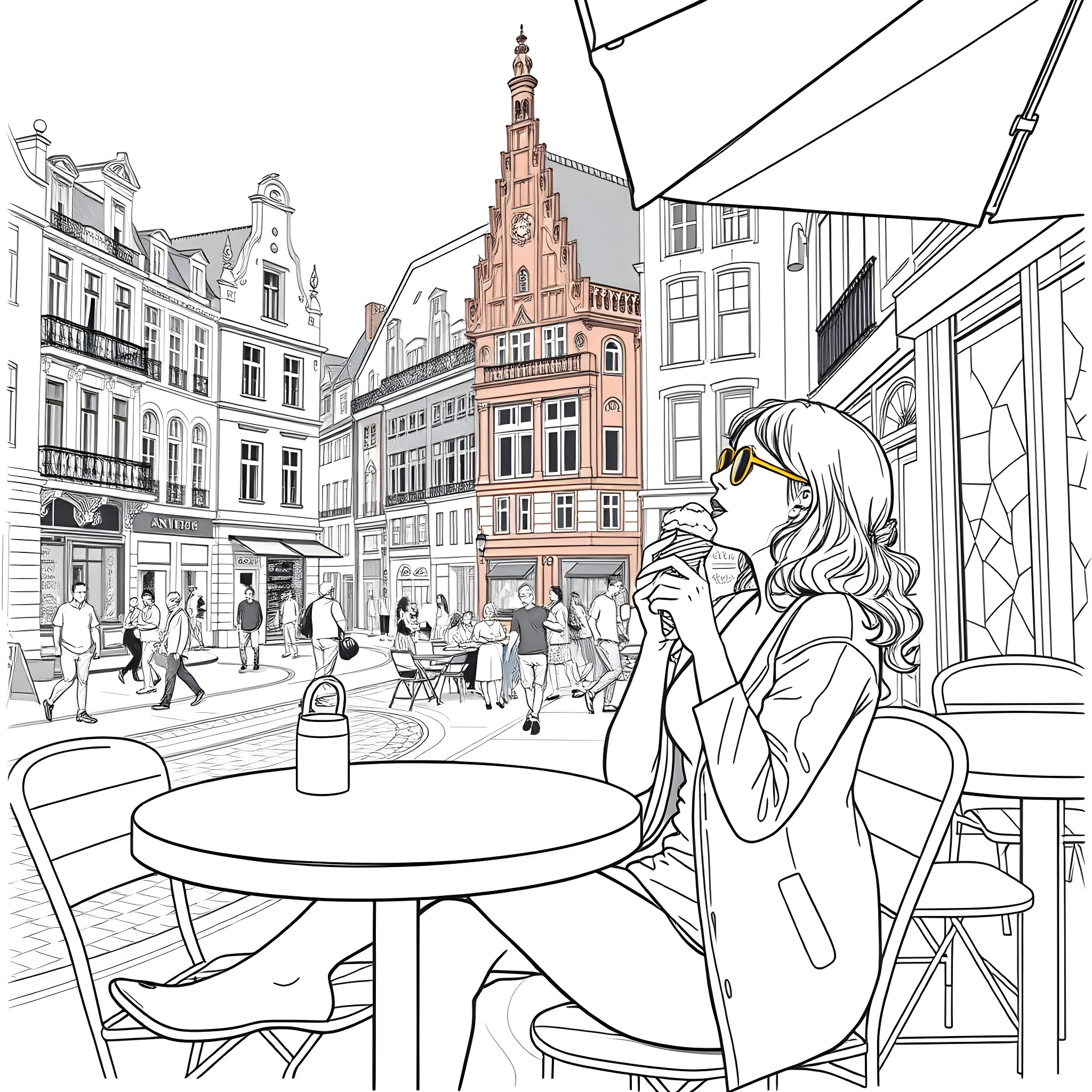 Lady enjoys a peaceful moment in the bustling city square Coloring Page (free black-and-white line drawing printable PDF for all, from beginners to advanced learners, including children, teens, adults, and seniors)