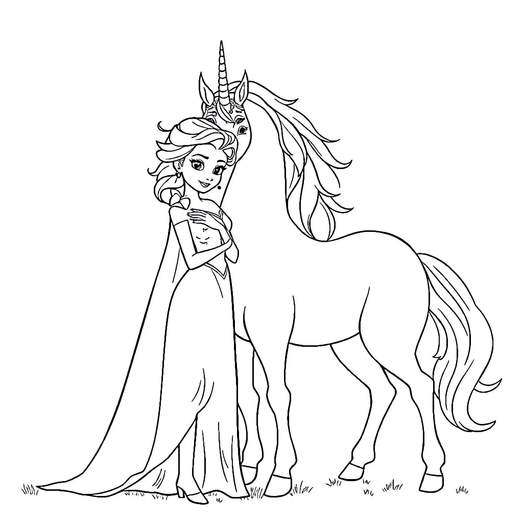 Elsa and her majestic unicorn companion Coloring Page (free black-and-white line drawing printable PDF for all, from beginners to advanced learners, including children, teens, adults, and seniors)