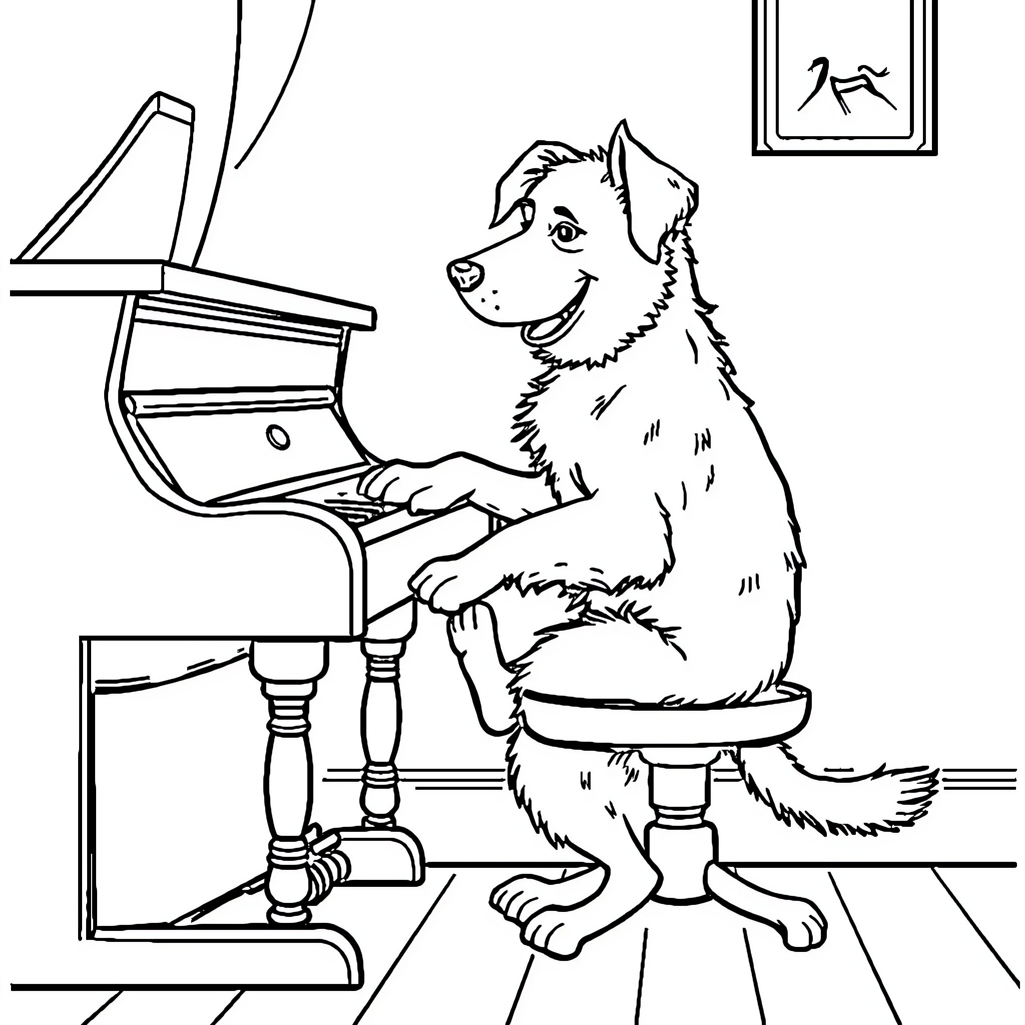 Dog playing piano in a room Coloring Page (free black-and-white line drawing printable PDF for all, from beginners to advanced learners, including children, teens, adults, and seniors)