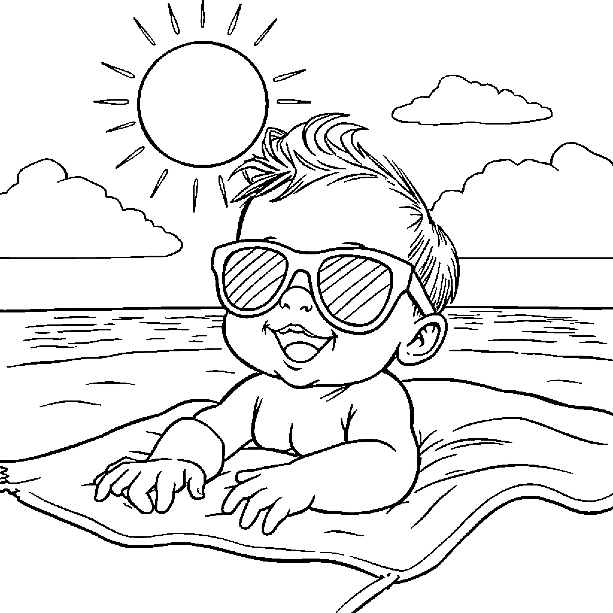 Baby relaxing on the beach in sunglasses Coloring Page (free black-and-white line drawing printable PDF for all, from beginners to advanced learners, including children, teens, adults, and seniors)