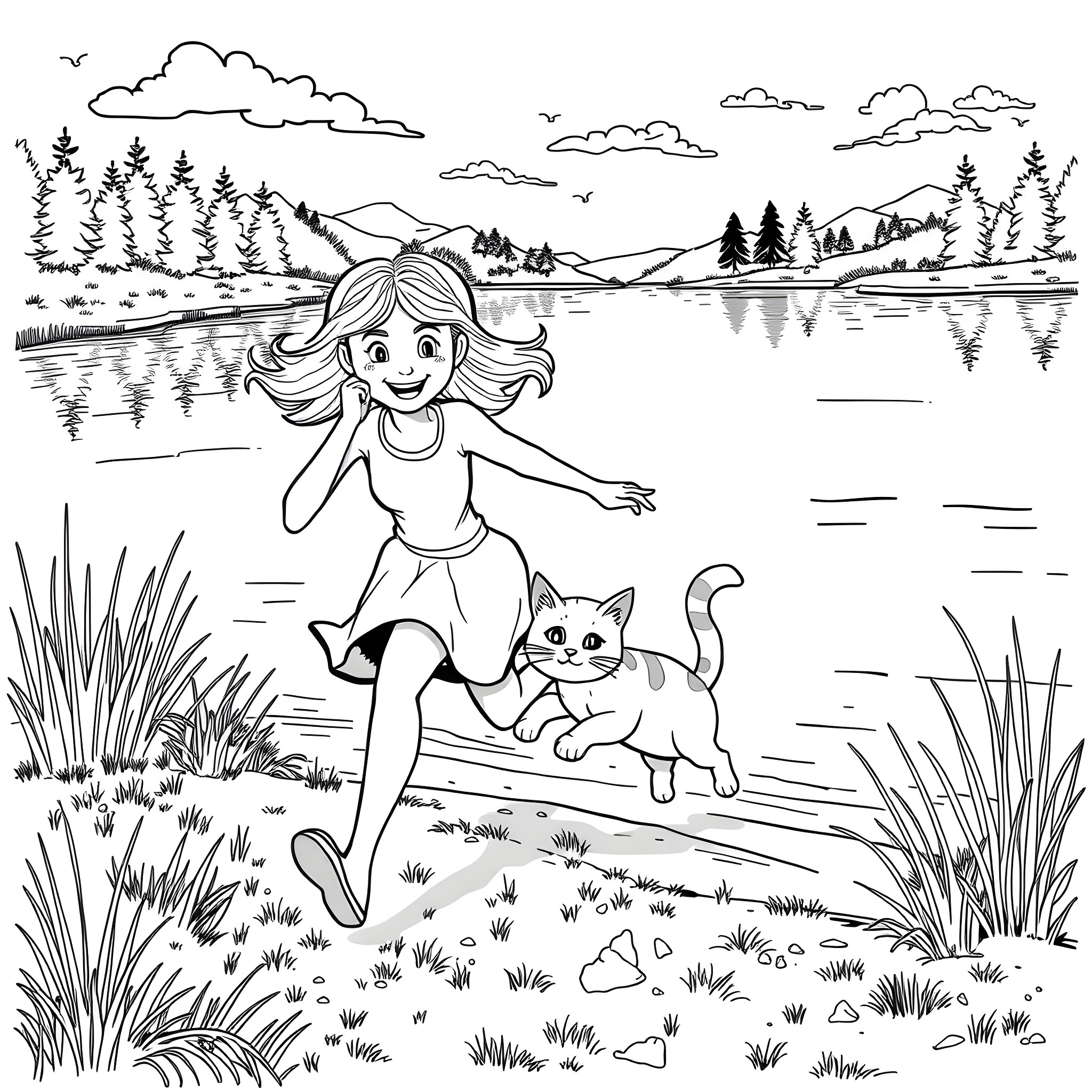 Cat and girl exploring the outdoors by the lake Coloring Page (free black-and-white line drawing printable PDF for all, from beginners to advanced learners, including children, teens, adults, and seniors)