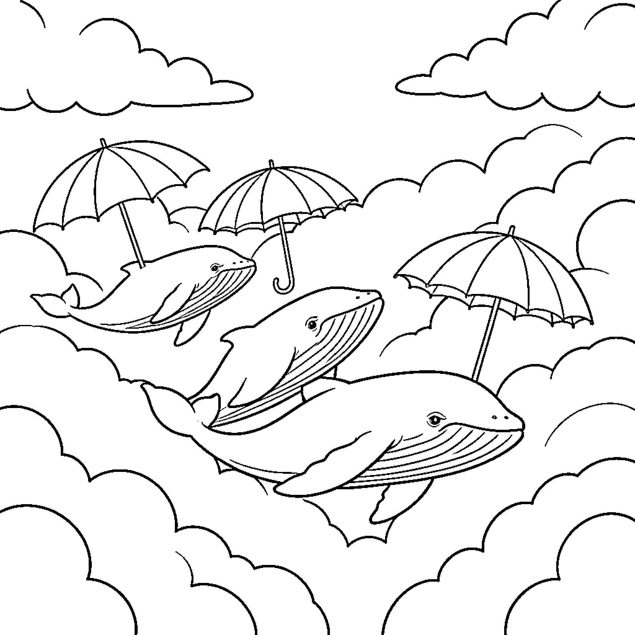 Whale enjoying a rainy day with umbrellas Coloring Page (free black-and-white line drawing printable PDF for all, from beginners to advanced learners, including children, teens, adults, and seniors)