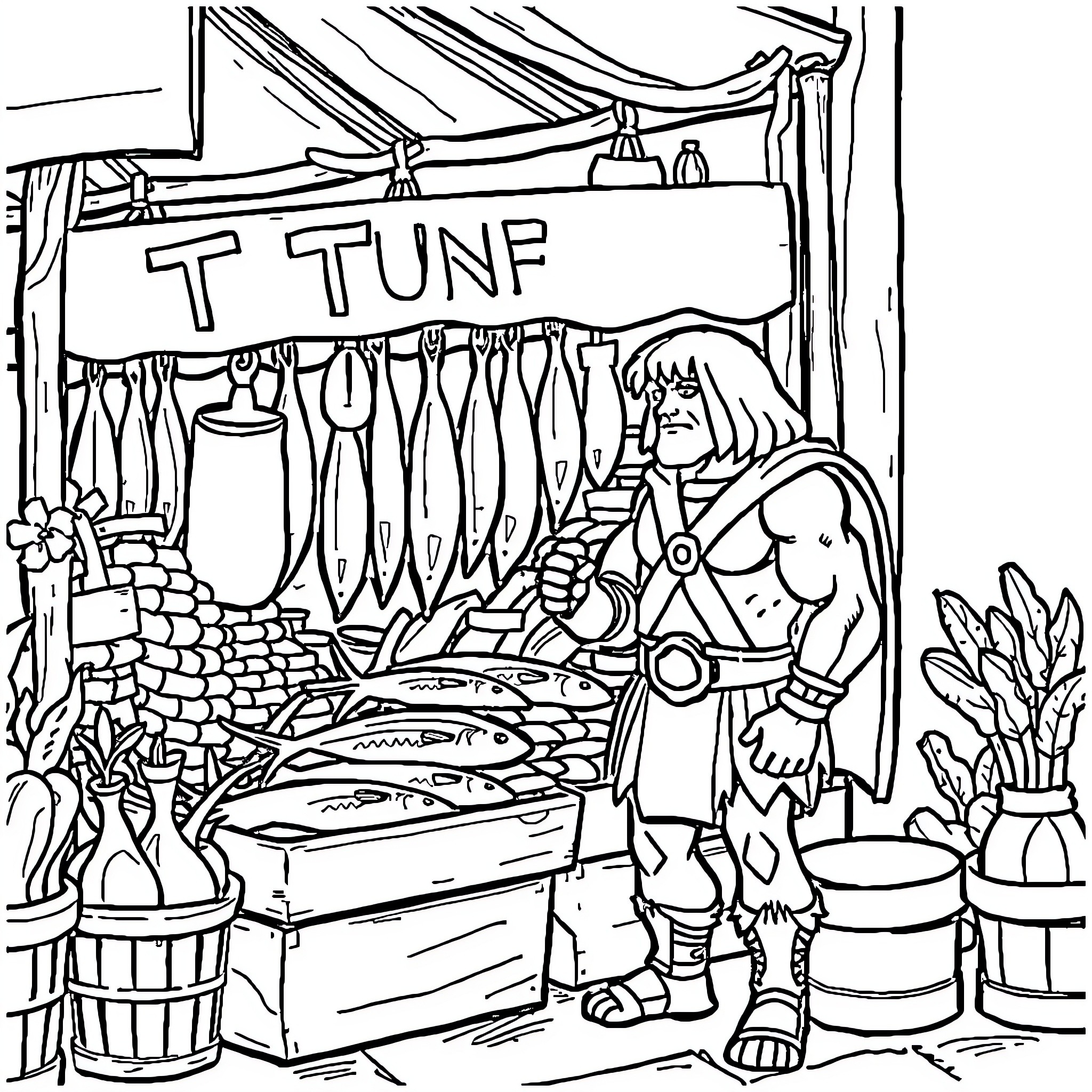 Heman at the Fishing Supply Shop Coloring Page (free black-and-white line drawing printable PDF for all, from beginners to advanced learners, including children, teens, adults, and seniors)