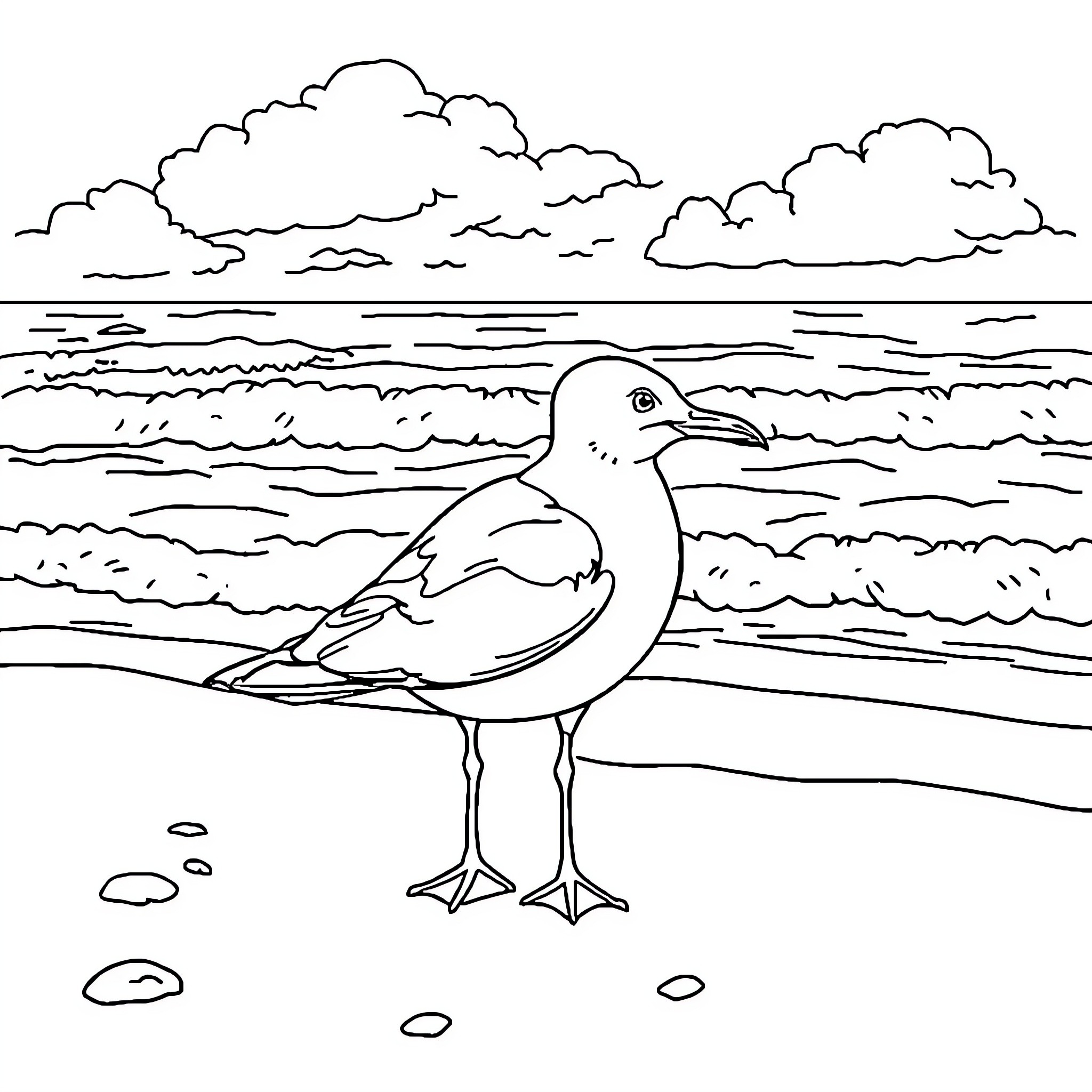 Seagull standing on the beach under cloudy skies Coloring Page (free black-and-white line drawing printable PDF for all, from beginners to advanced learners, including children, teens, adults, and seniors)