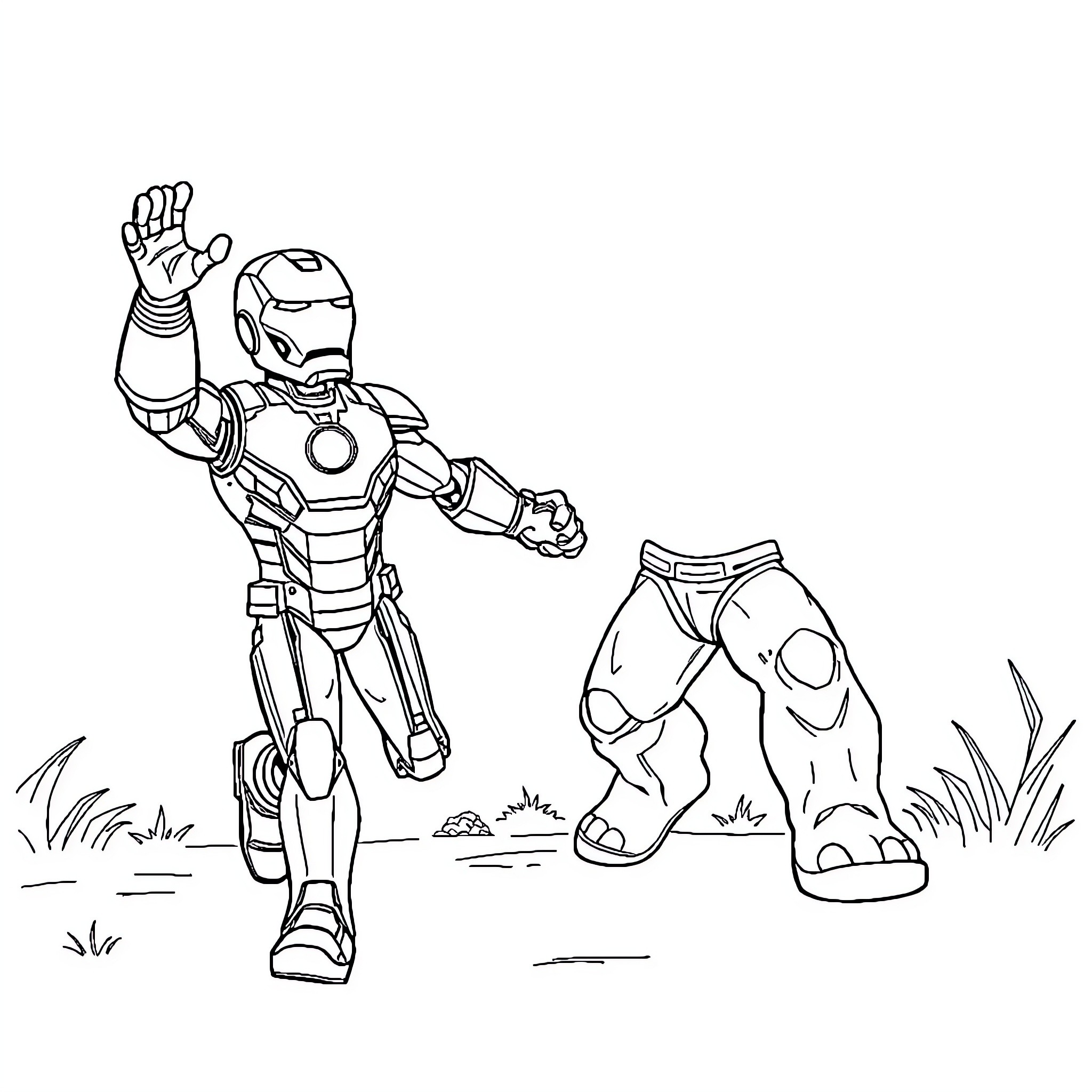 Ironman heroically standing in the field Coloring Page (free black-and-white line drawing printable PDF for all, from beginners to advanced learners, including children, teens, adults, and seniors)