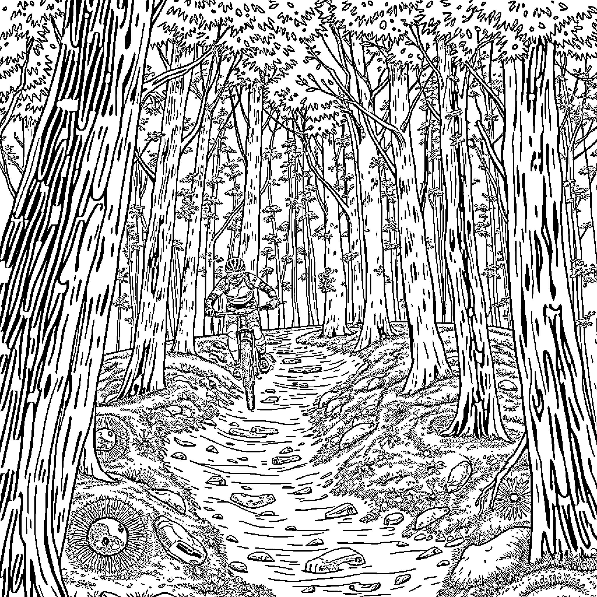 VTT Hiker Navigating Through the Dense Forest Coloring Page (free black-and-white line drawing printable PDF for all, from beginners to advanced learners, including children, teens, adults, and seniors)